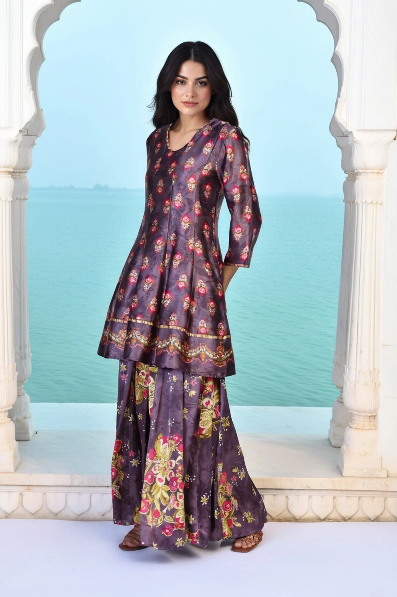 Charcoal Floral Print Beaded Flared Satin Kurta with Culotte and Dupatta Set - Image 6
