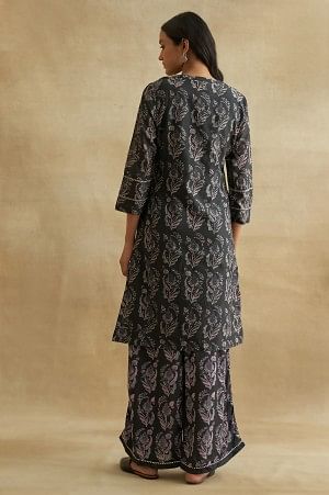 Charcoal Floral Print Cotton Silk kurta - Image 2