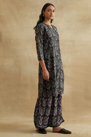 Charcoal Floral Print Cotton Silk kurta - Image 4