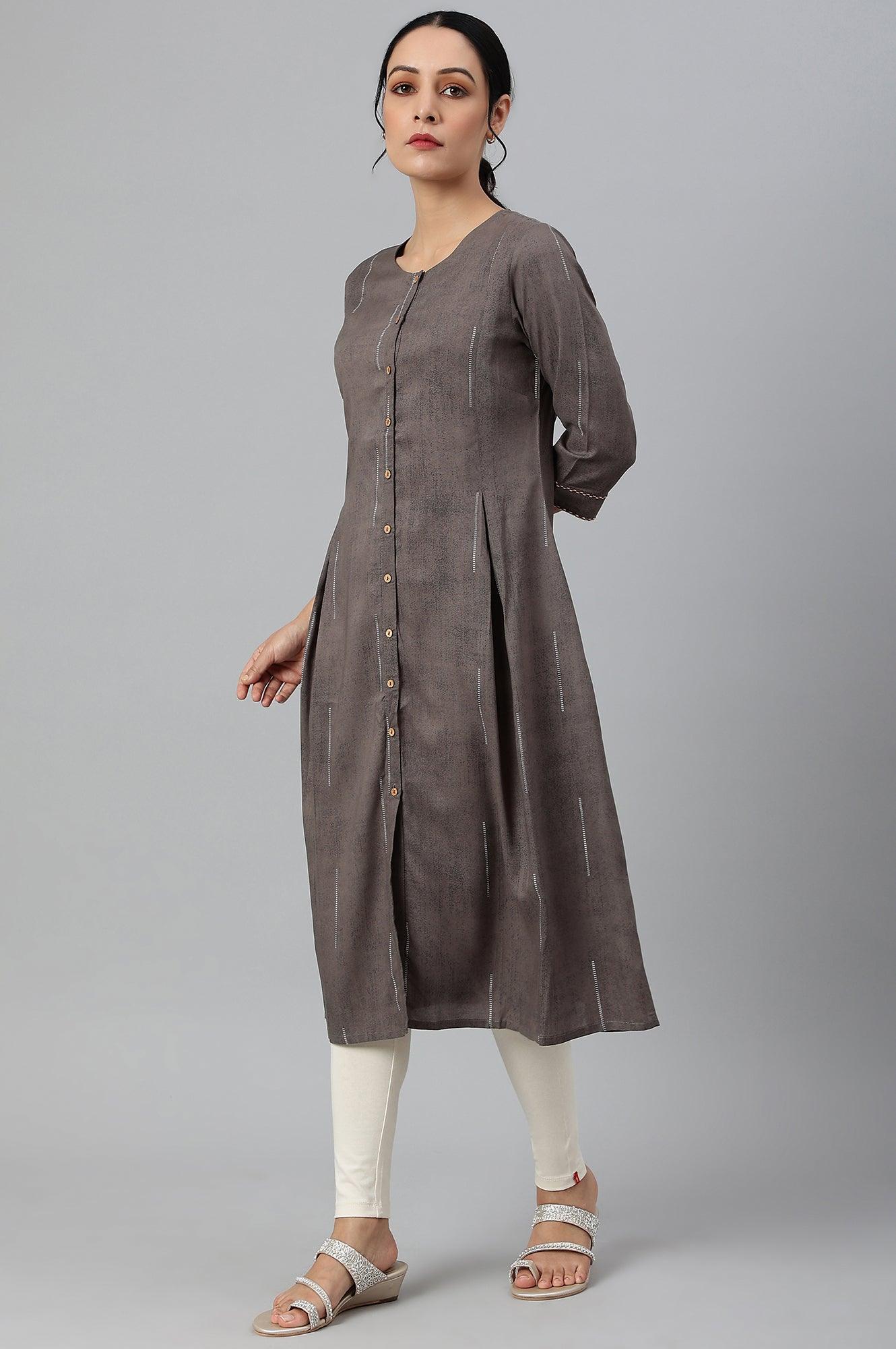 Charcoal Grey Button Down Pleated kurta - Image 3