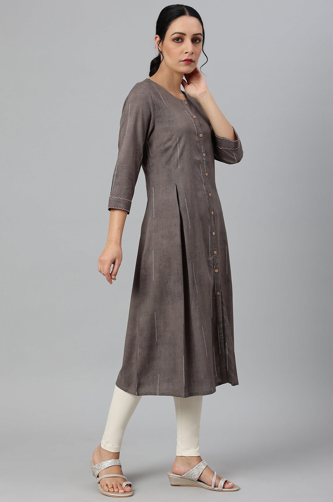 Charcoal Grey Button Down Pleated kurta - Image 4