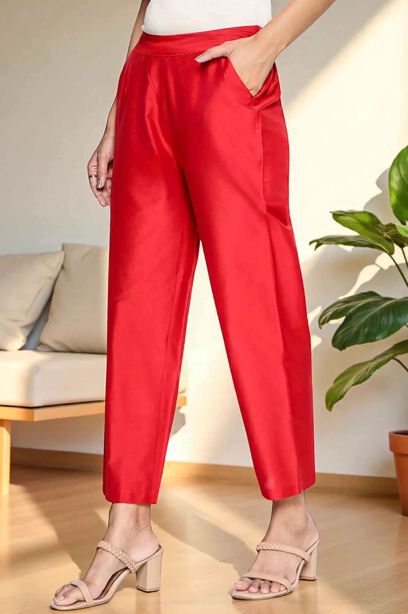 Cherry Red Solid Printed Straight Pant - Image 3