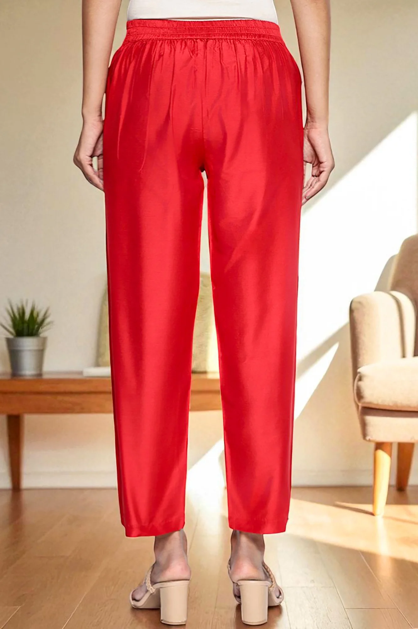 Cherry Red Solid Printed Straight Pant - Image 4