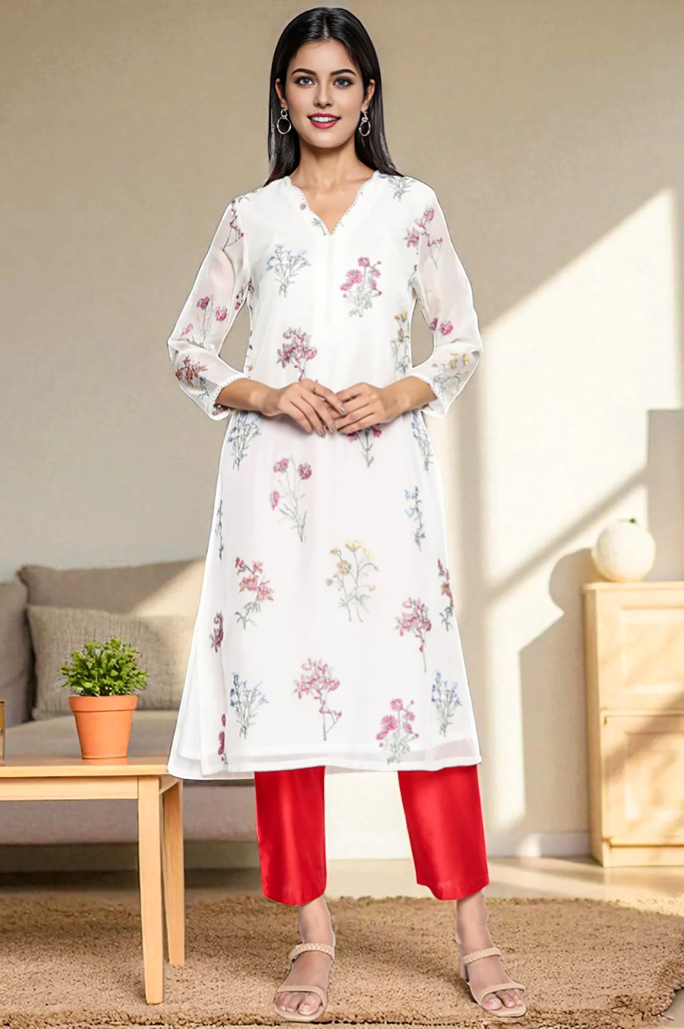 Cherry Red Solid Printed Straight Pant - Image 6
