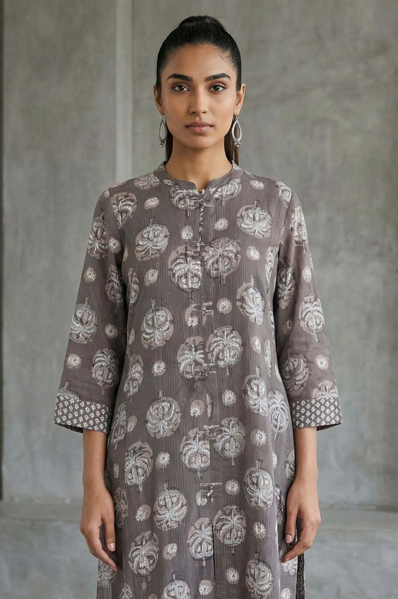 Clay Grey Botanical Block Printed Pure Cotton Straight Kurta - Image 2