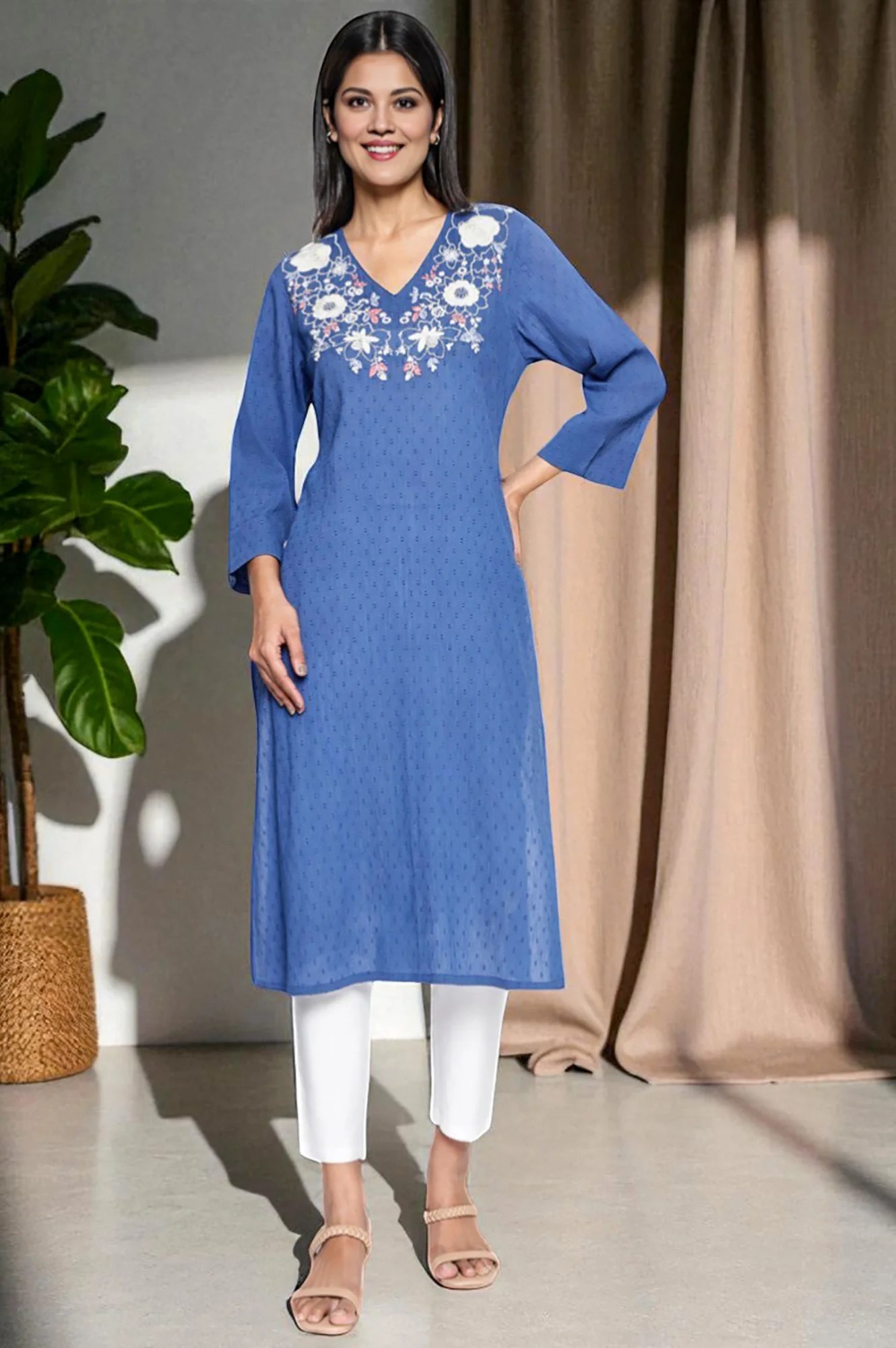Cobalt Blue Solid Printed Pure Cotton Straight Kurta - Image 2