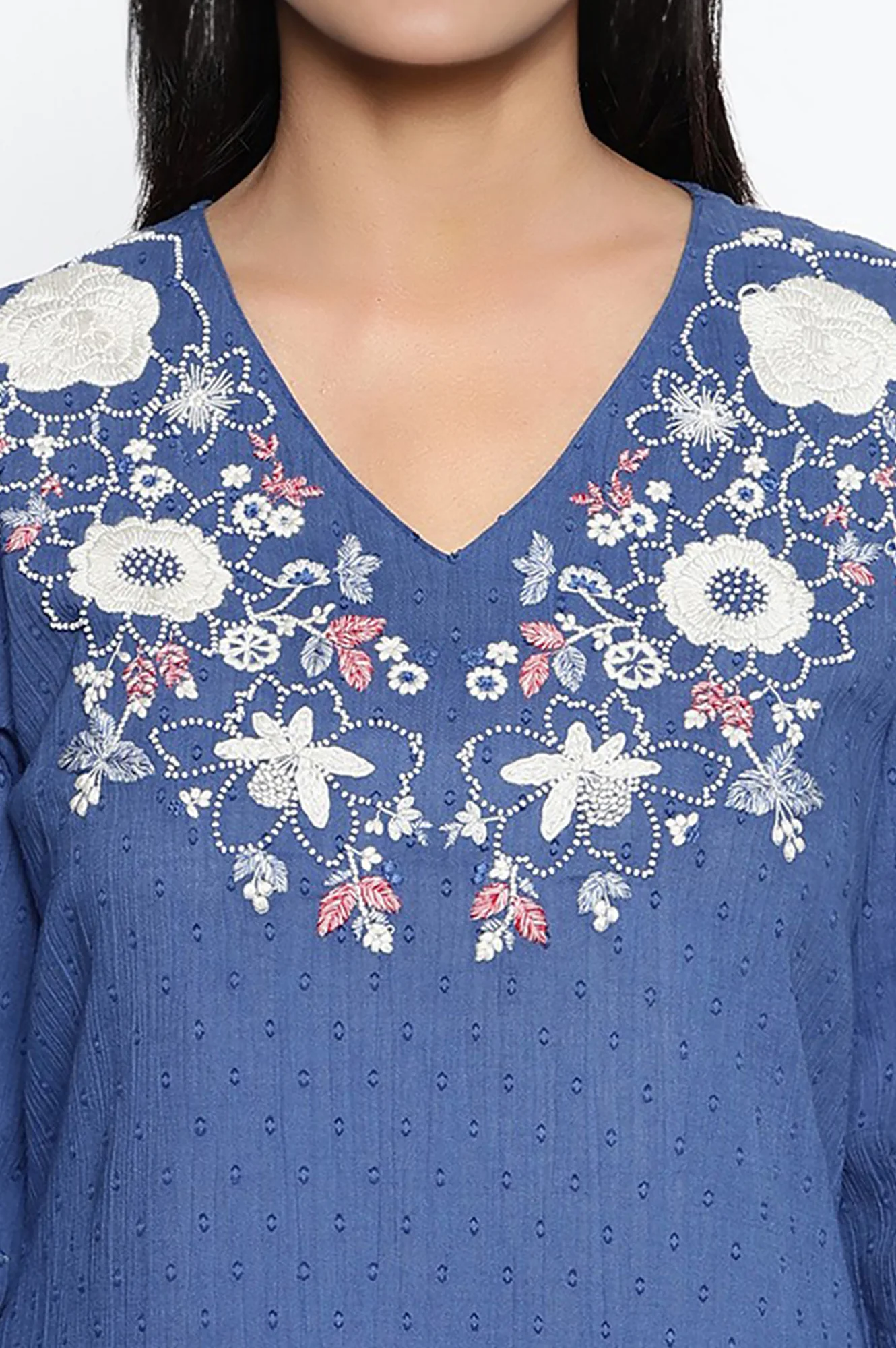 Cobalt Blue Solid Printed Pure Cotton Straight Kurta - Image 3