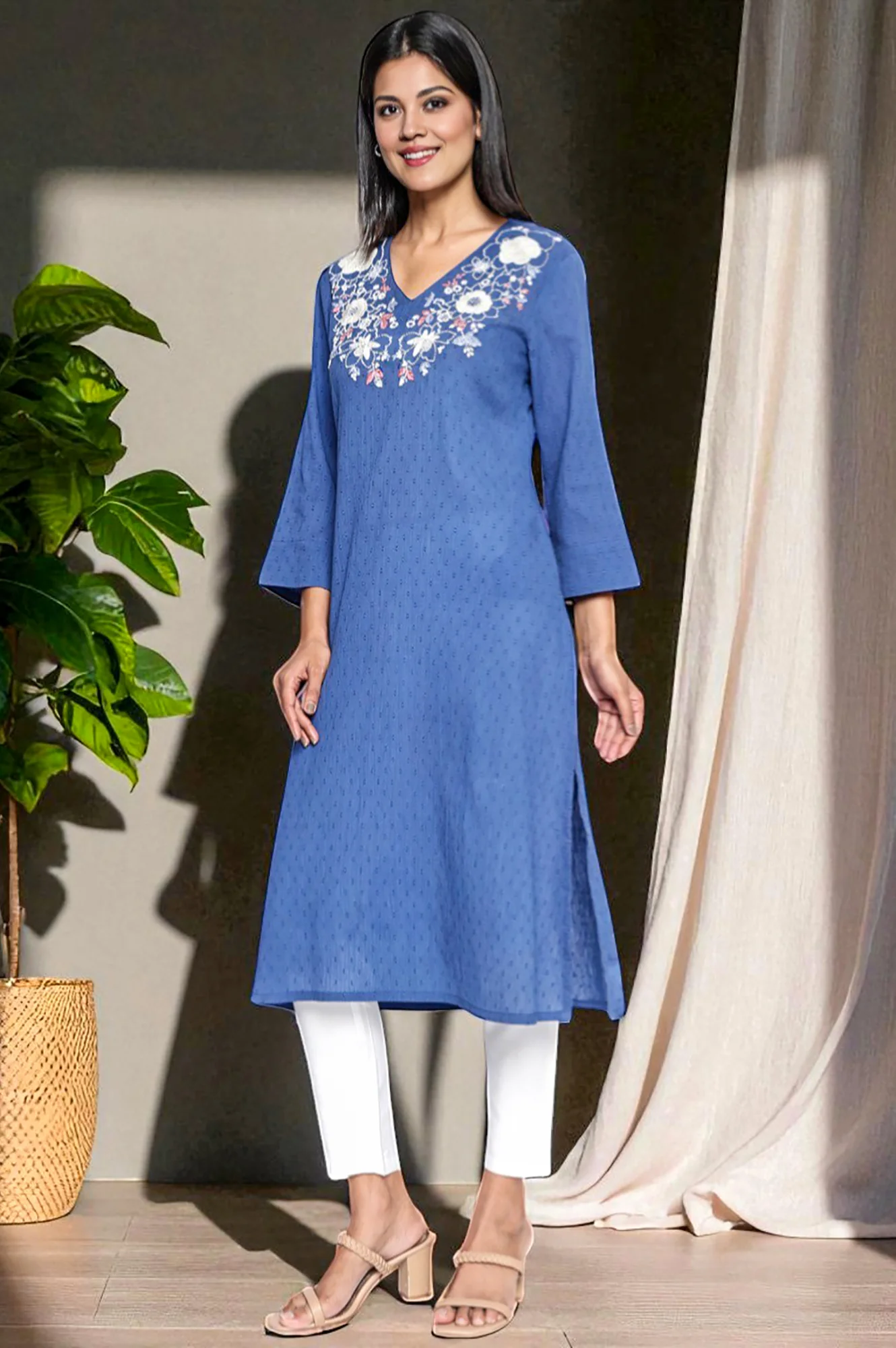 Cobalt Blue Solid Printed Pure Cotton Straight Kurta - Image 4