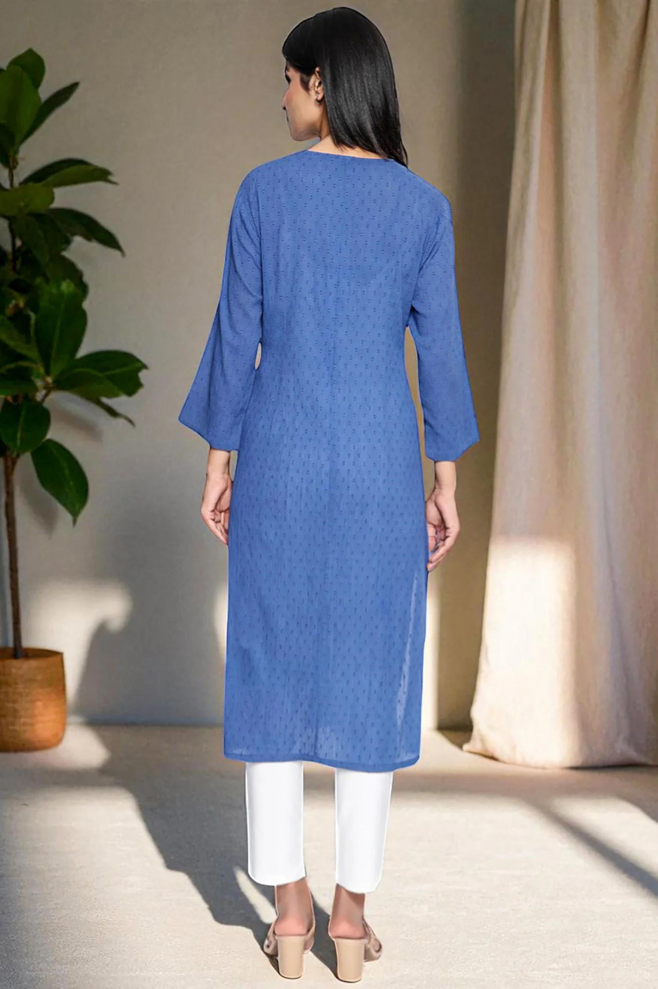 Cobalt Blue Solid Printed Pure Cotton Straight Kurta - Image 5