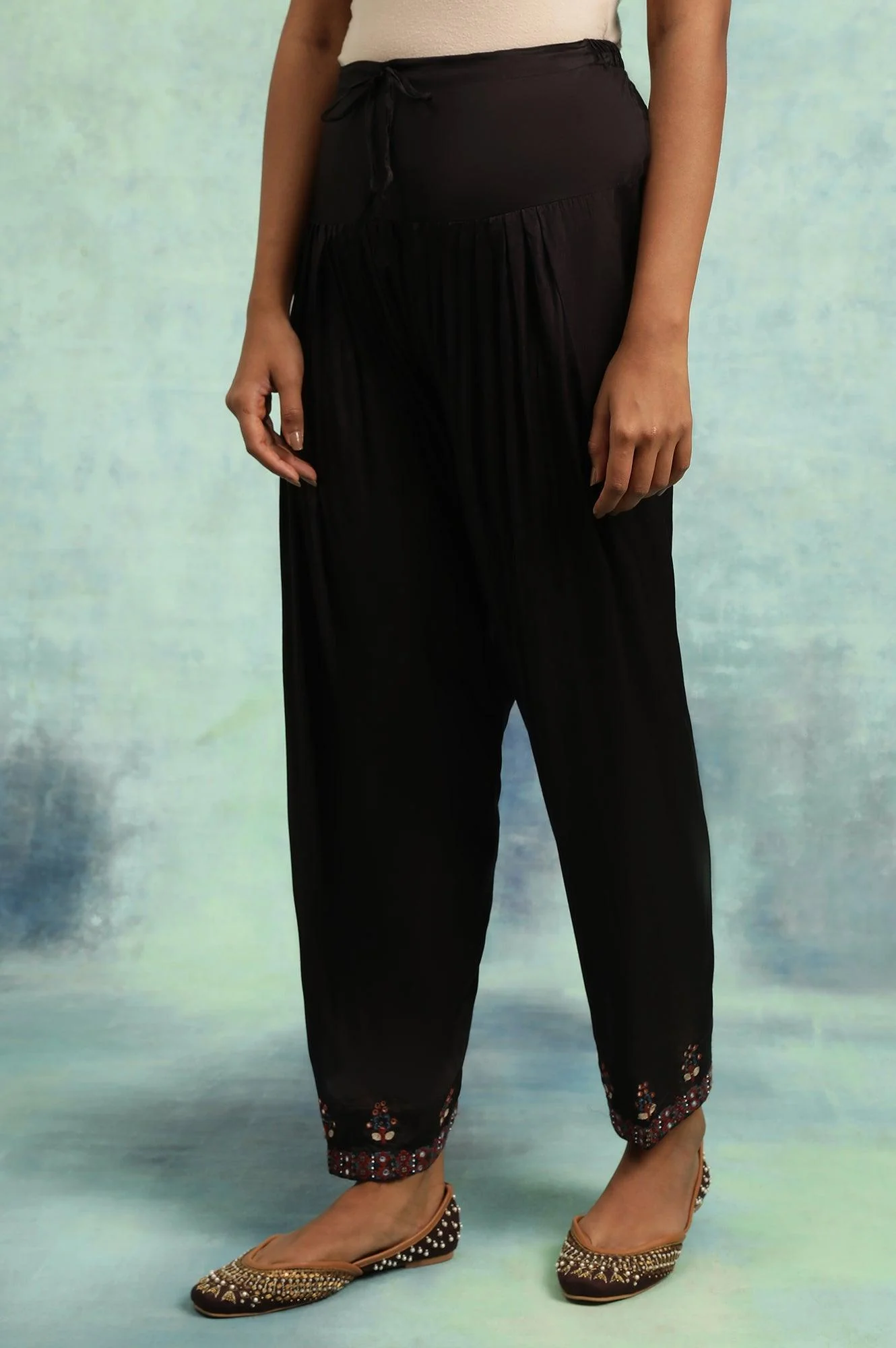 Cofee Brown Solid Salwar With Mirror Work Embroidery At Hem - Image 3