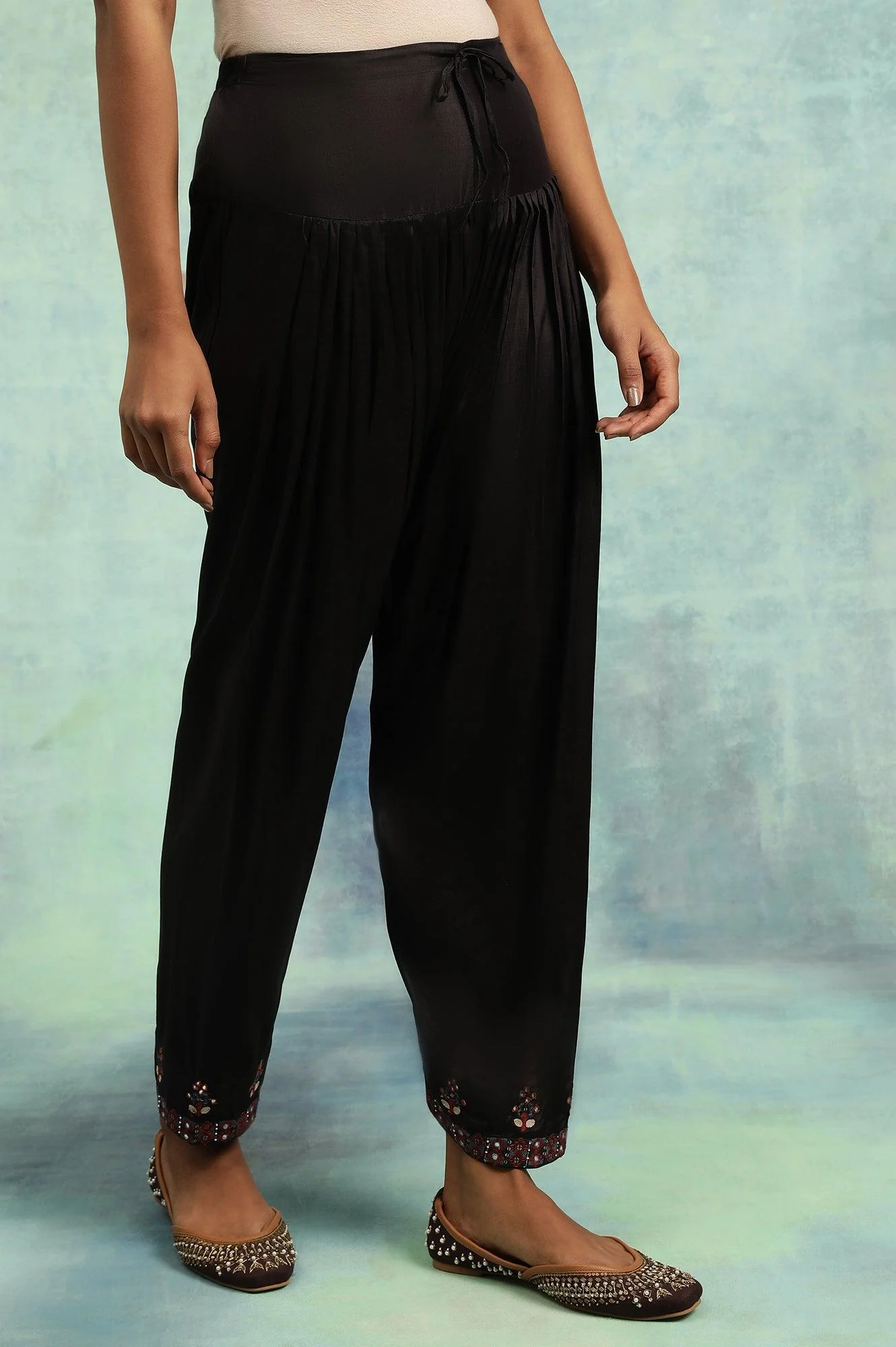 Cofee Brown Solid Salwar With Mirror Work Embroidery At Hem - Image 4