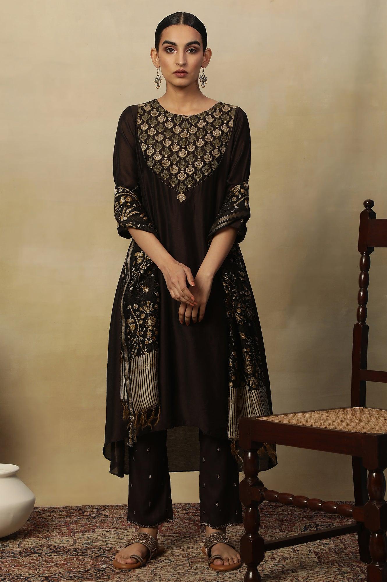 Coffee Bean Block Printed Chanderi Drape - Image 4