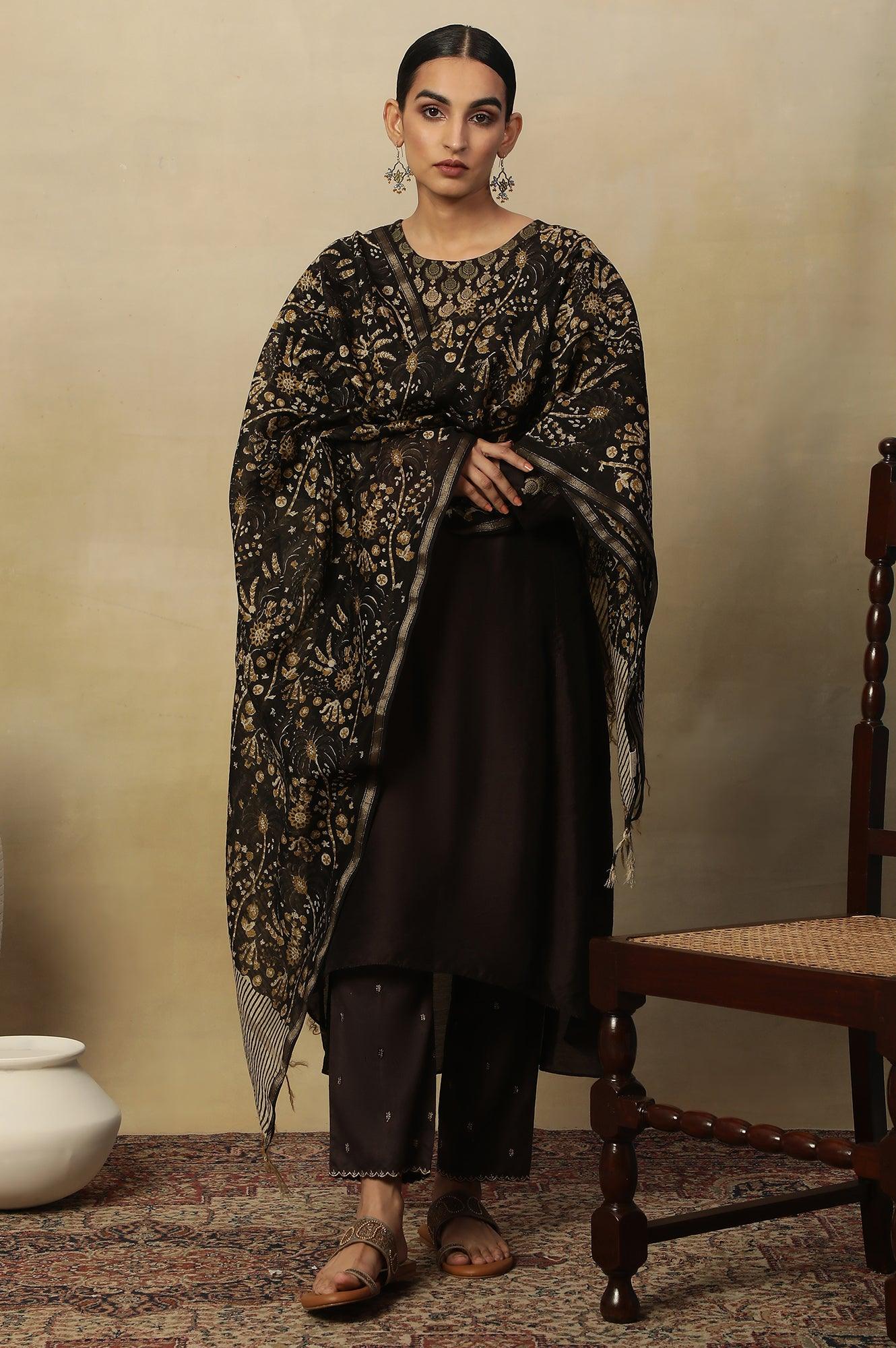 Coffee Bean Block Printed Chanderi Drape - Image 5