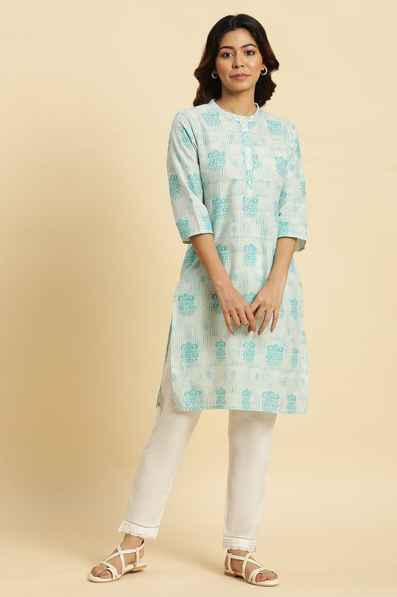 Cool Blue Printed Casual Kurta In Mandarin Collar - Image 2