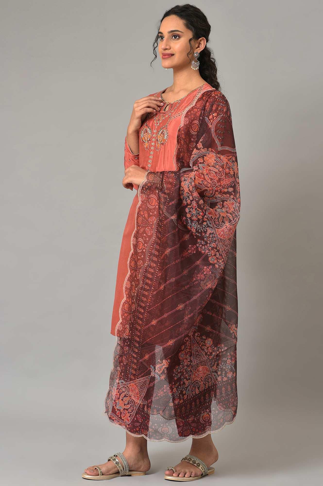 Coral Embroidered kurta With Dark Red Pants And Printed Dupatta - Image 3