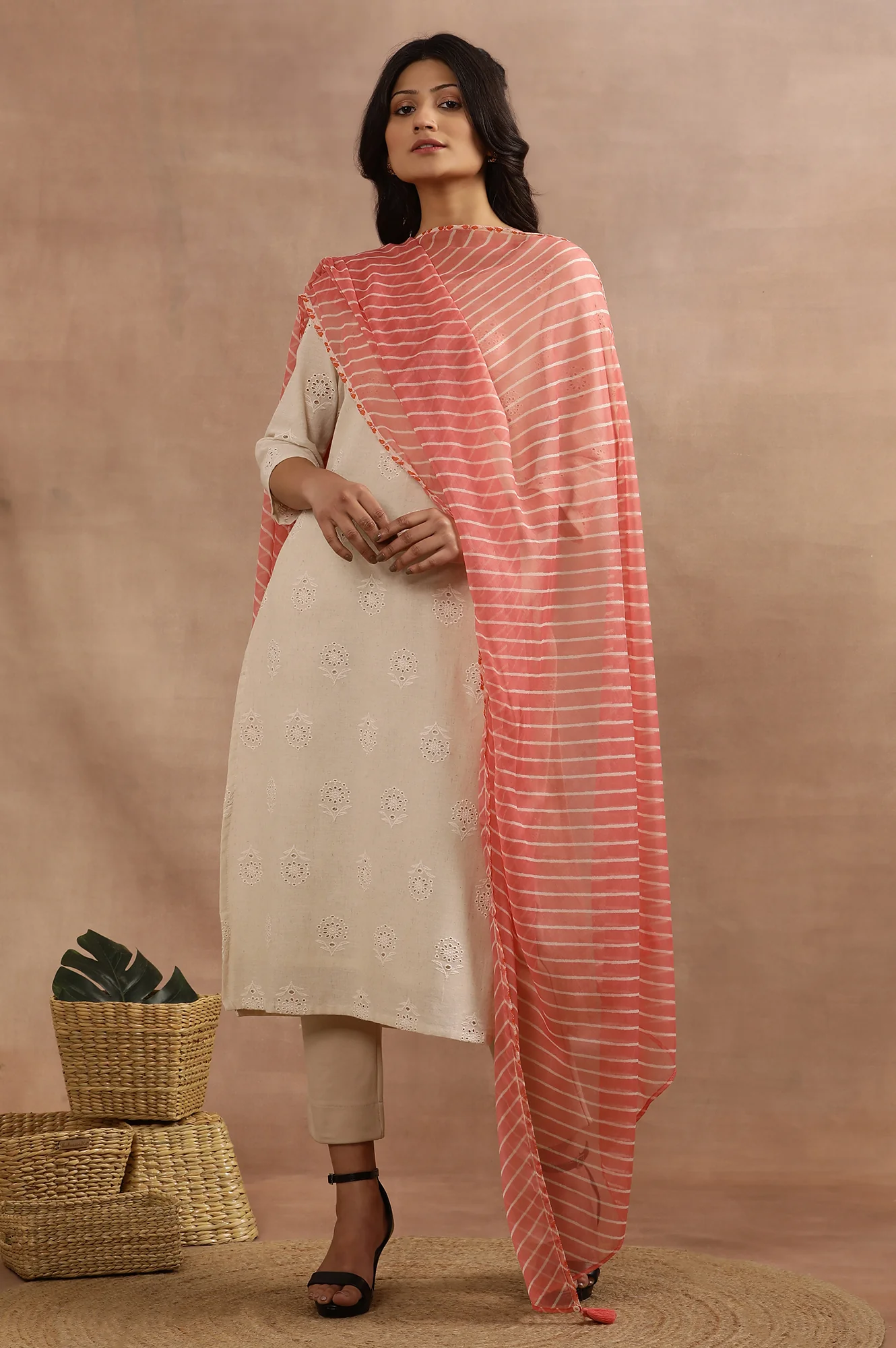 Coral Pink Chiffon Dupatta With Lehariya Stripe Print - Image 3