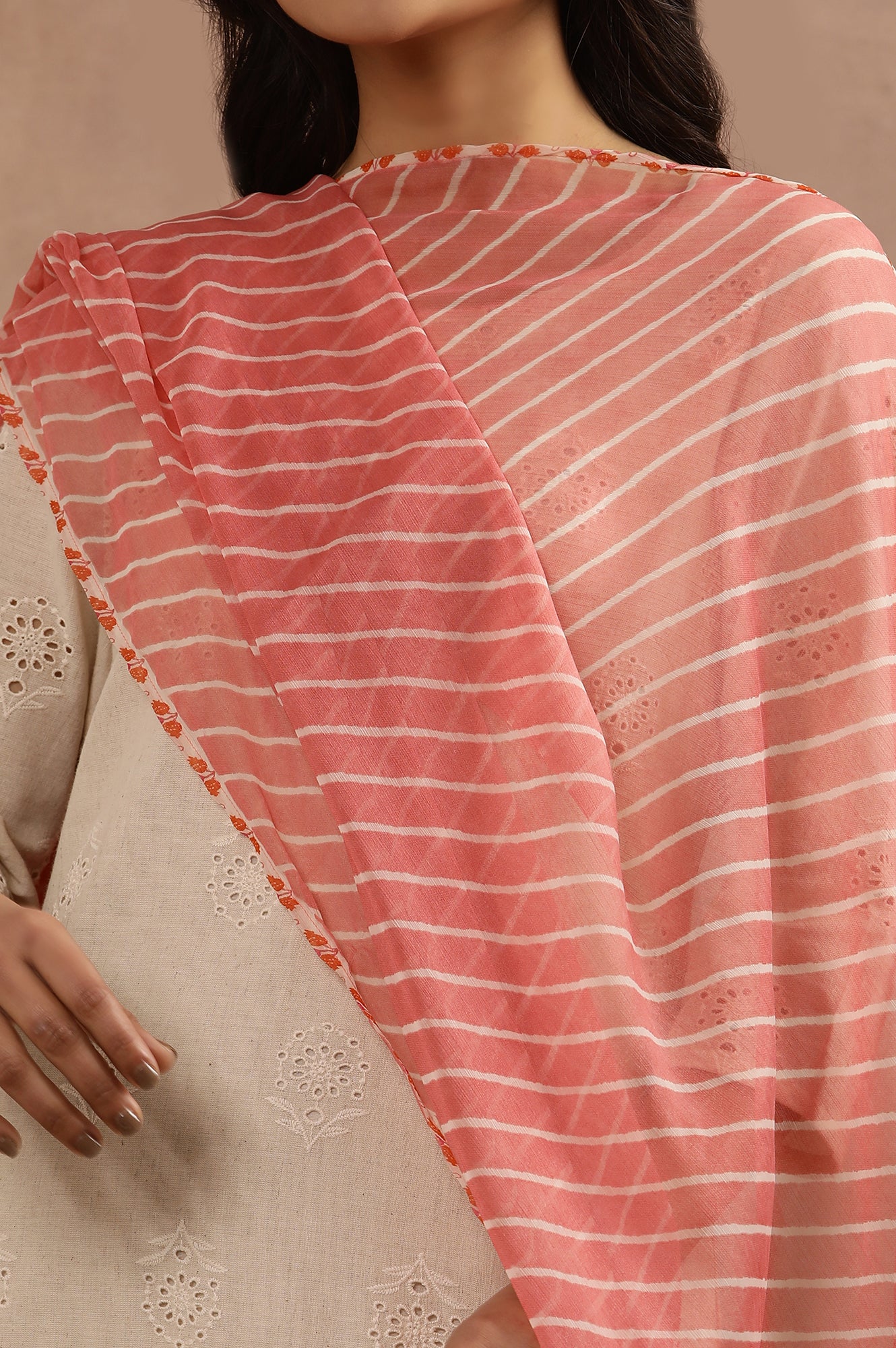 Coral Pink Chiffon Dupatta With Lehariya Stripe Print - Image 4