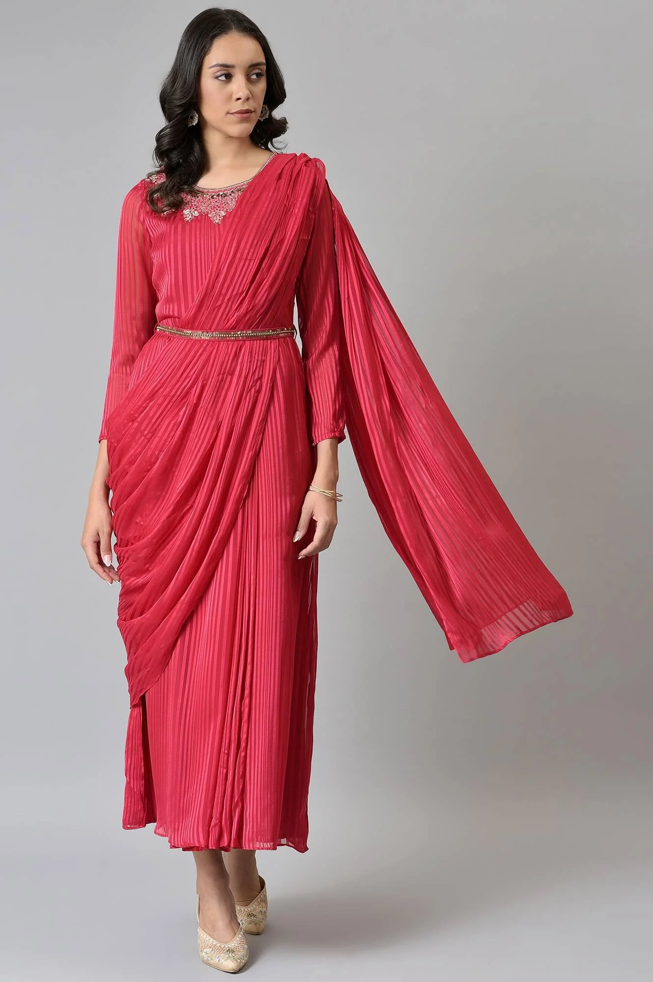 Coral Red Embroidered Predape Saree Dress - Image 5