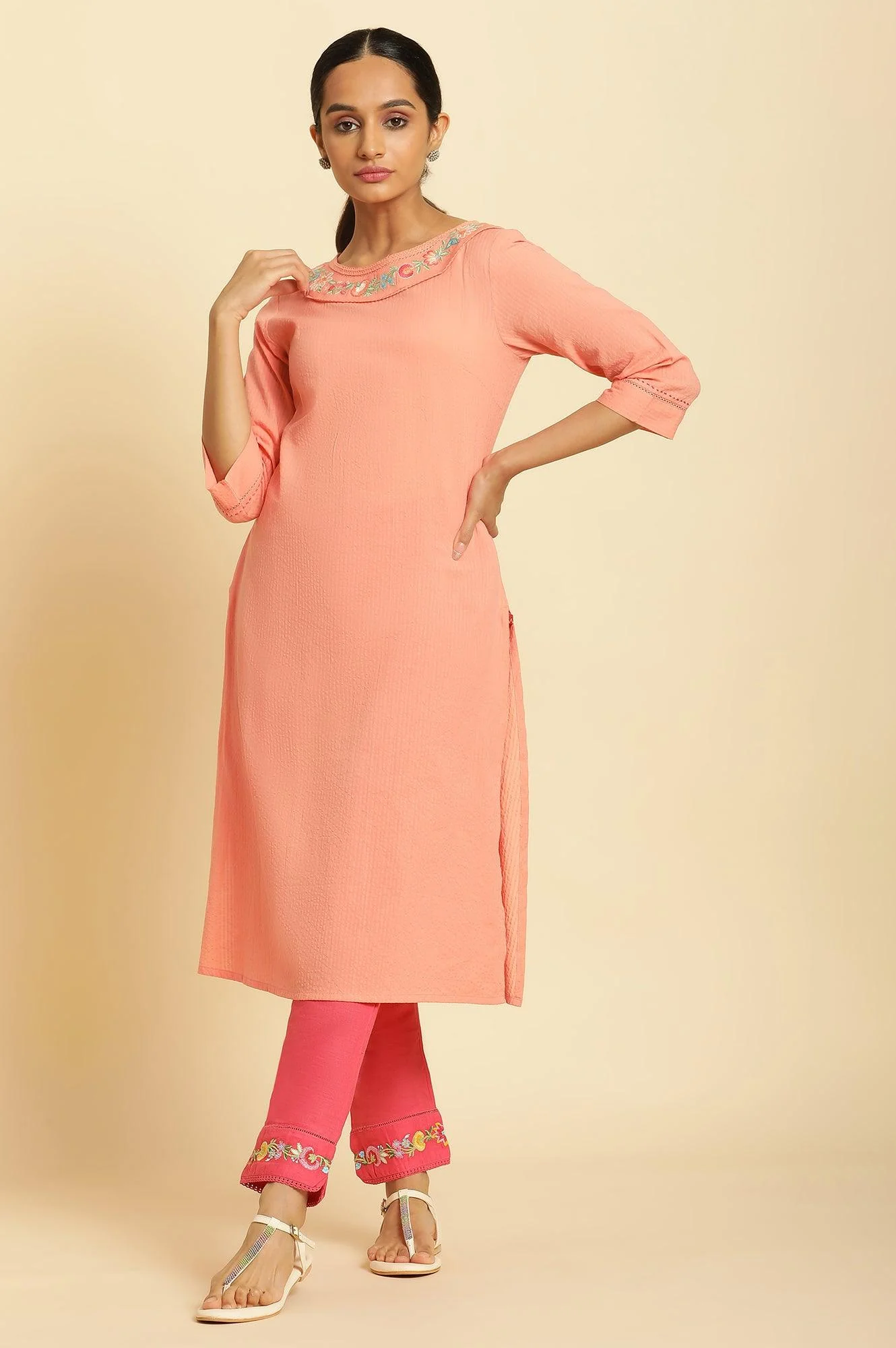 Coral Thread Embroidered Textured Cotton Kurta