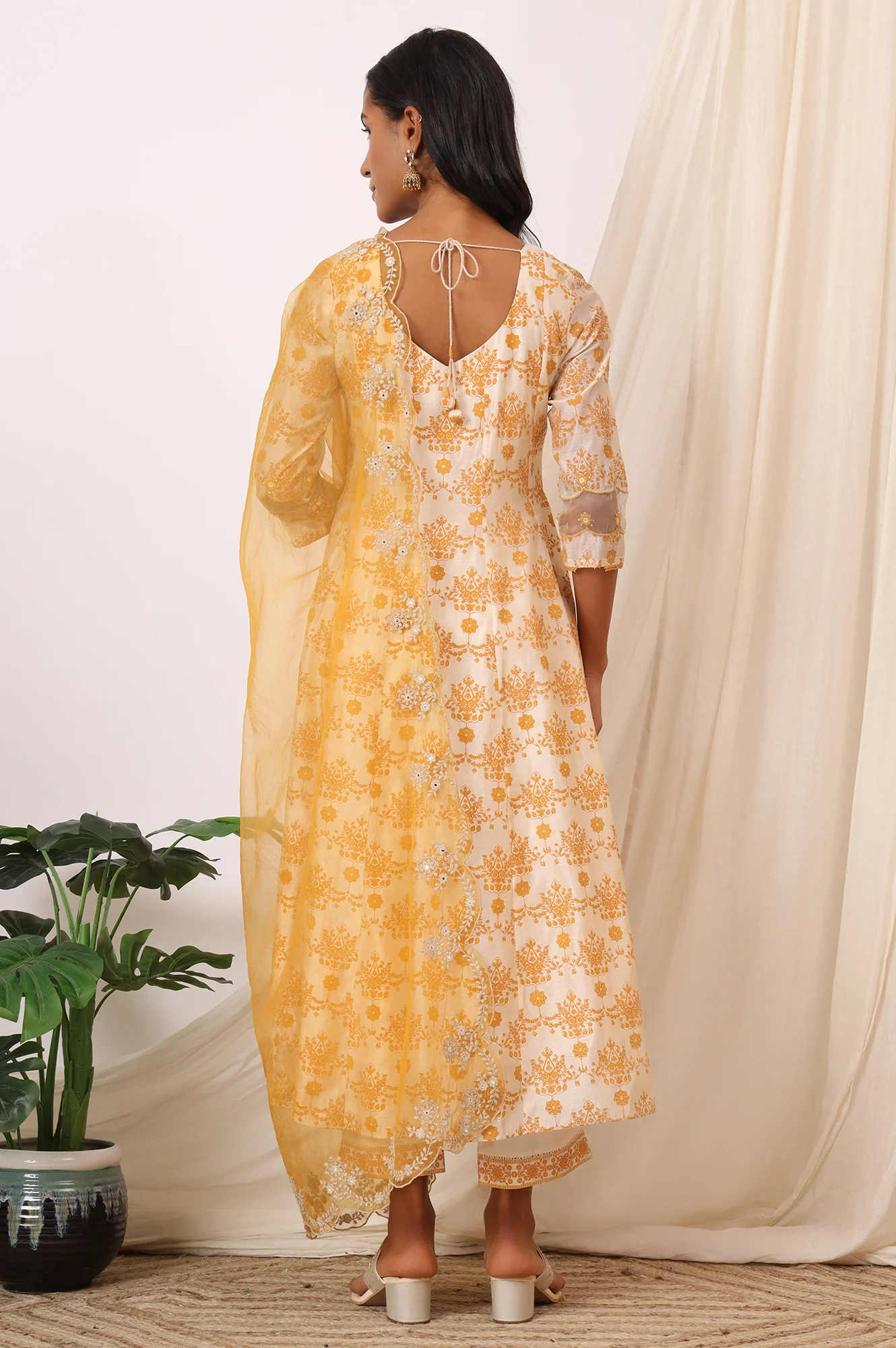 Cream and Yellow Printed Chanderi Anarkali Kurta, Pants and Dupatta Set - Image 5