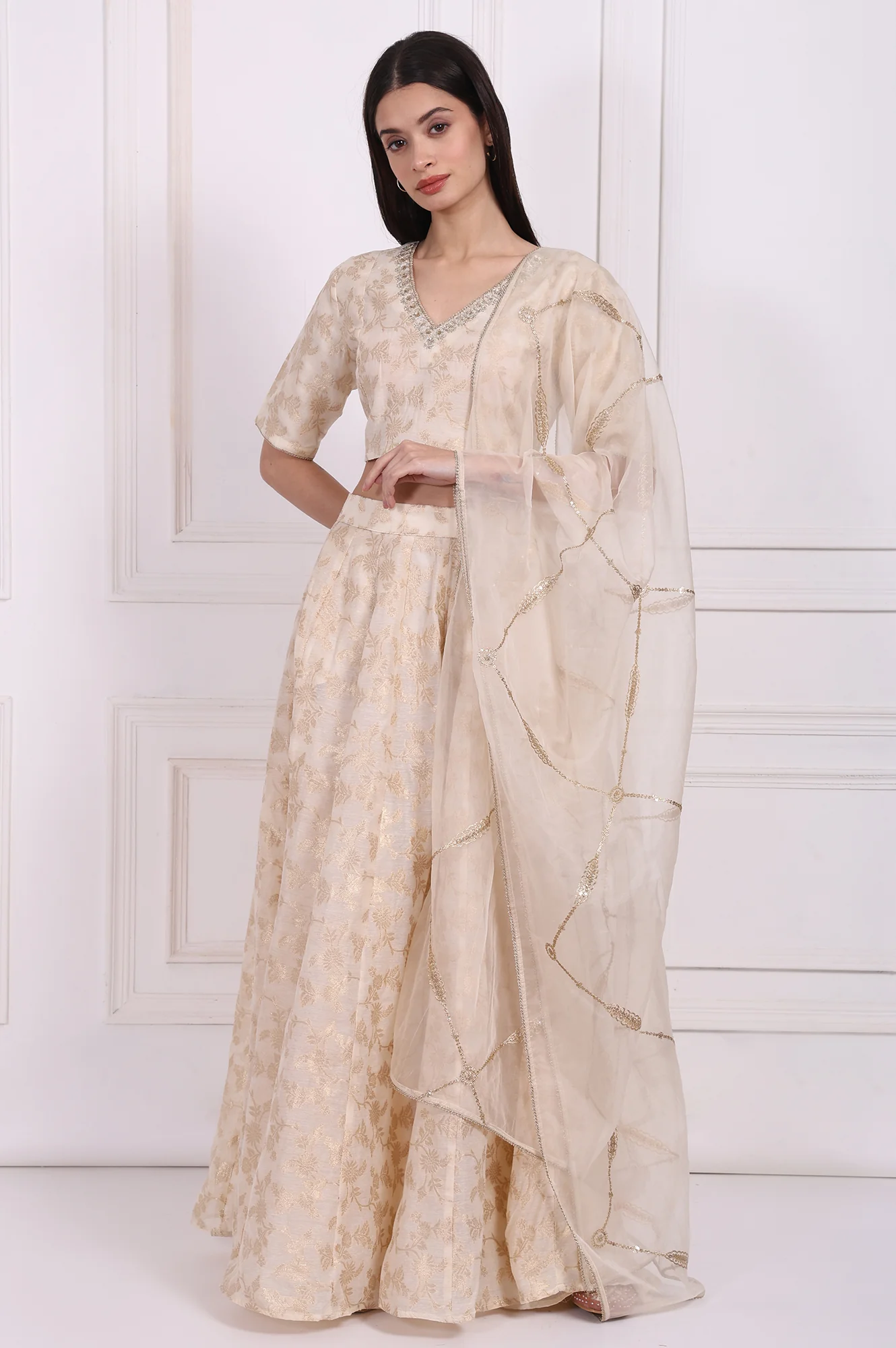 Cream Embellished Maxi Jacquard Blouse with Skirt and Dupatta Set - Image 3