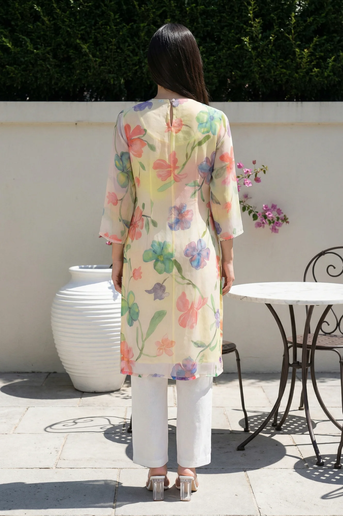 Cream Floral Printed Beadwork Silver Chiffon Straight Kurta - Image 4