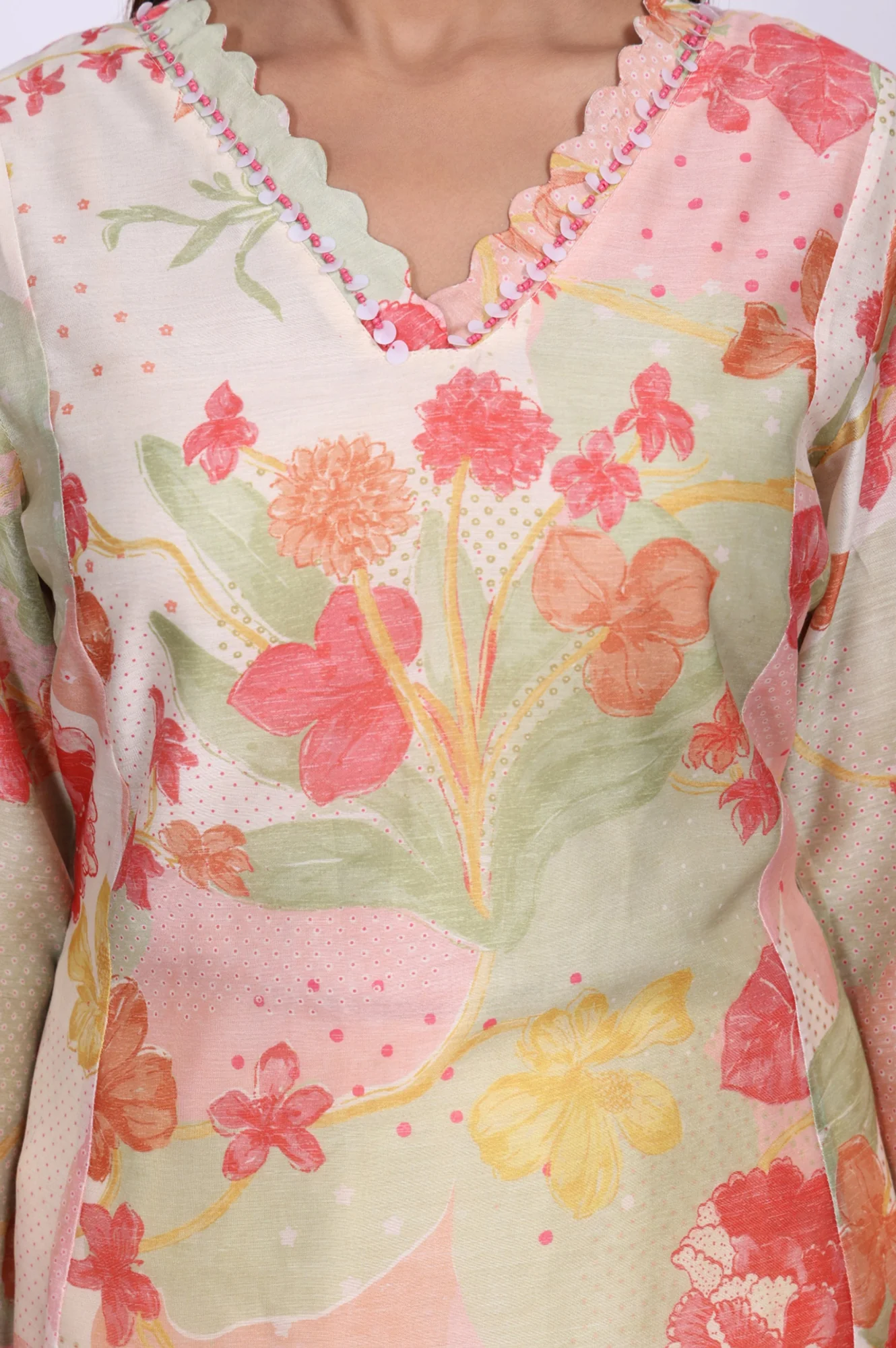 Cream Floral Printed Beadwork Straight Kurta - Image 2