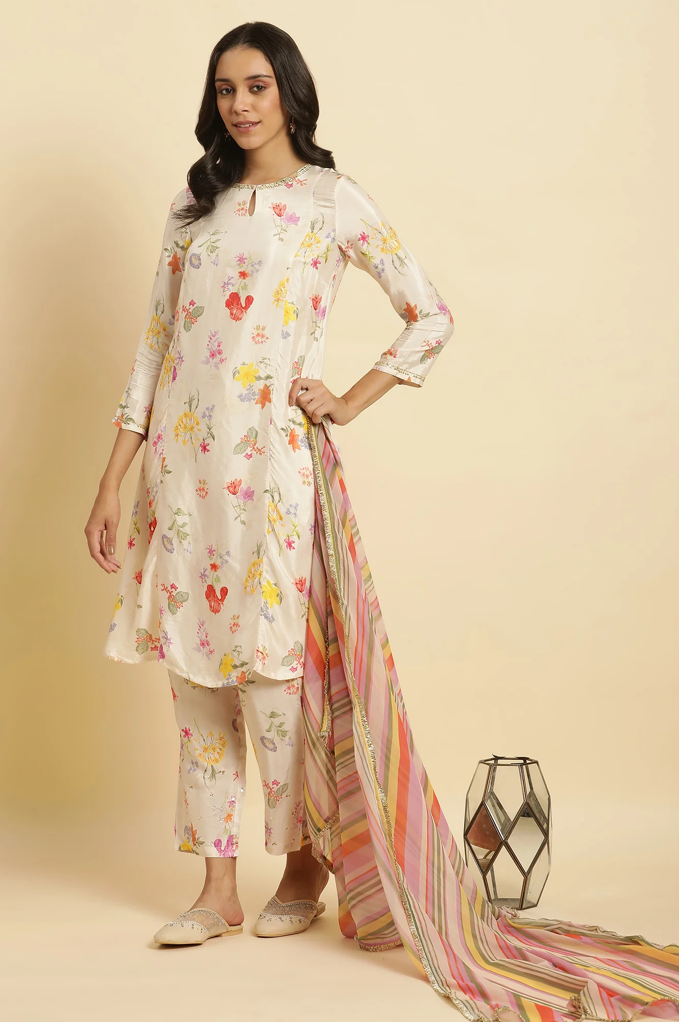 Cream Floral Printed Flared Kurta, Tights & Dupatta Set
