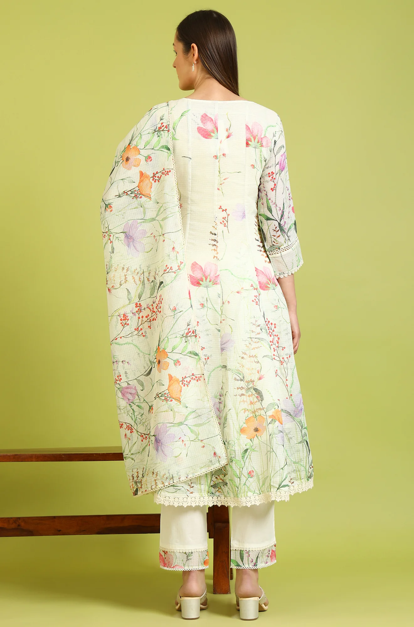 Cream Floral Printed Kota Anarkali Kurta, Pants and Dupatta Set - Image 6