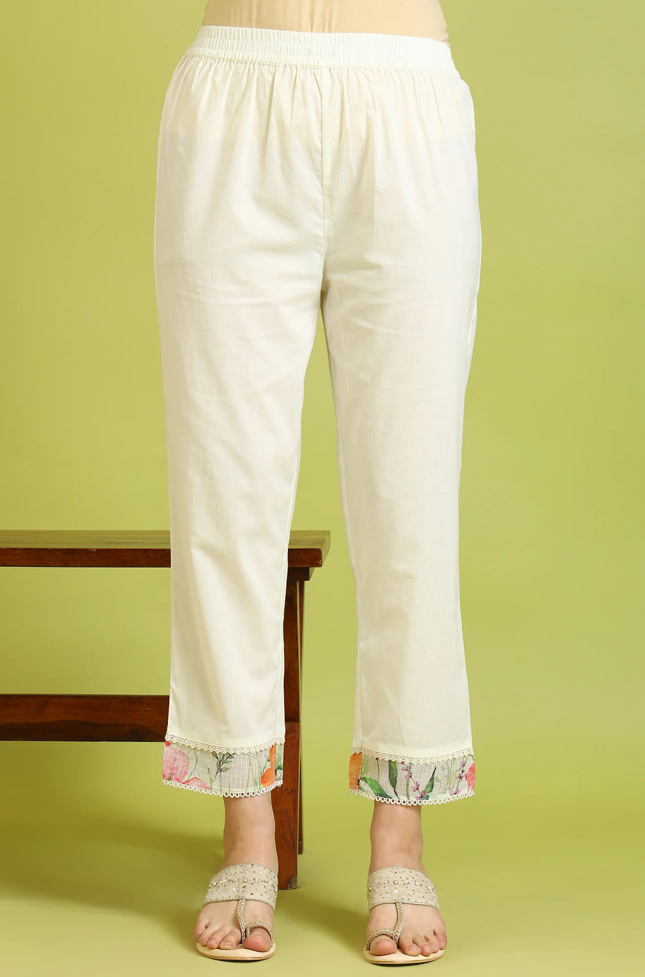 Cream Floral Printed Kota Anarkali Kurta, Pants and Dupatta Set - Image 9