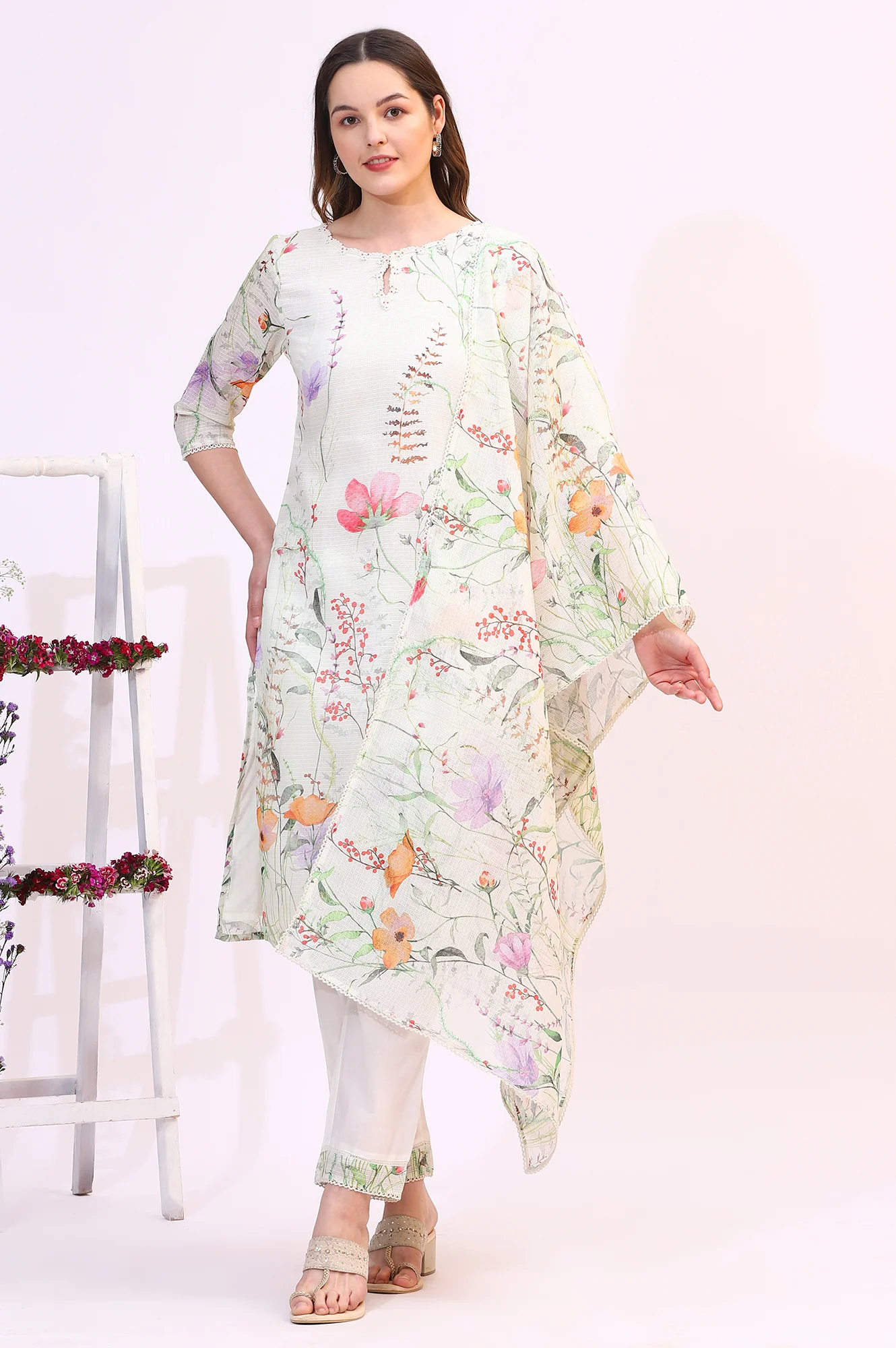 Cream Floral Printed Kota Straight Kurta, Pants and Dupatta Set - Image 2