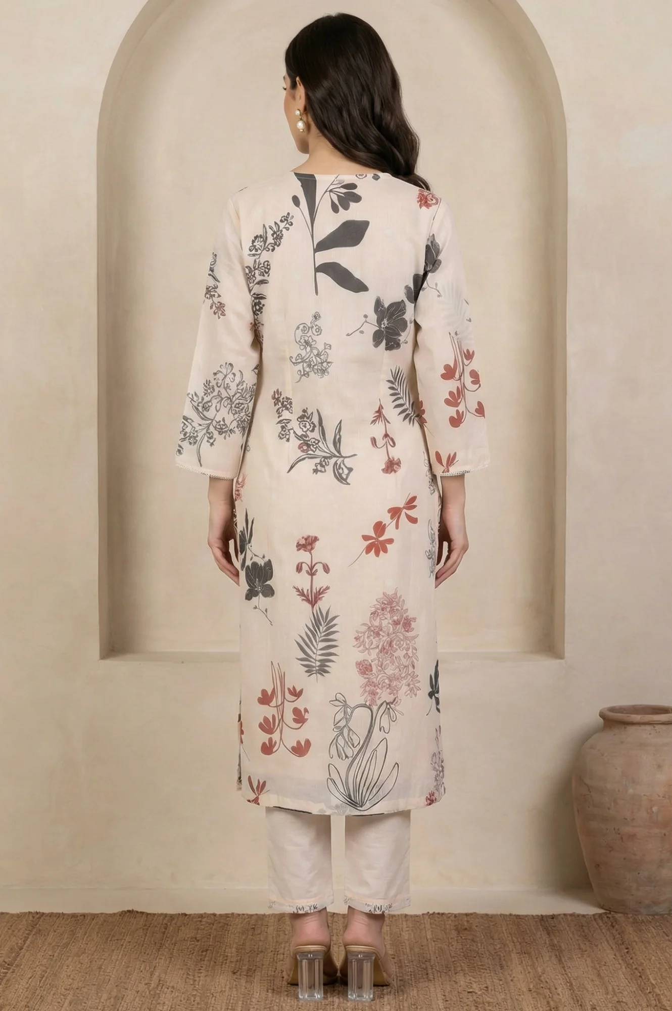 Cream Floral Printed Lace Chiffon Straight Kurta - Image 4