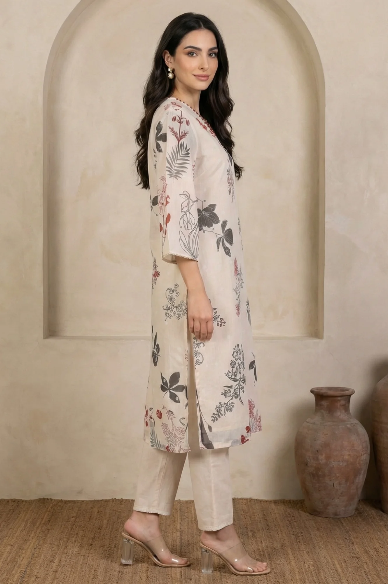 Cream Floral Printed Lace Chiffon Straight Kurta - Image 5