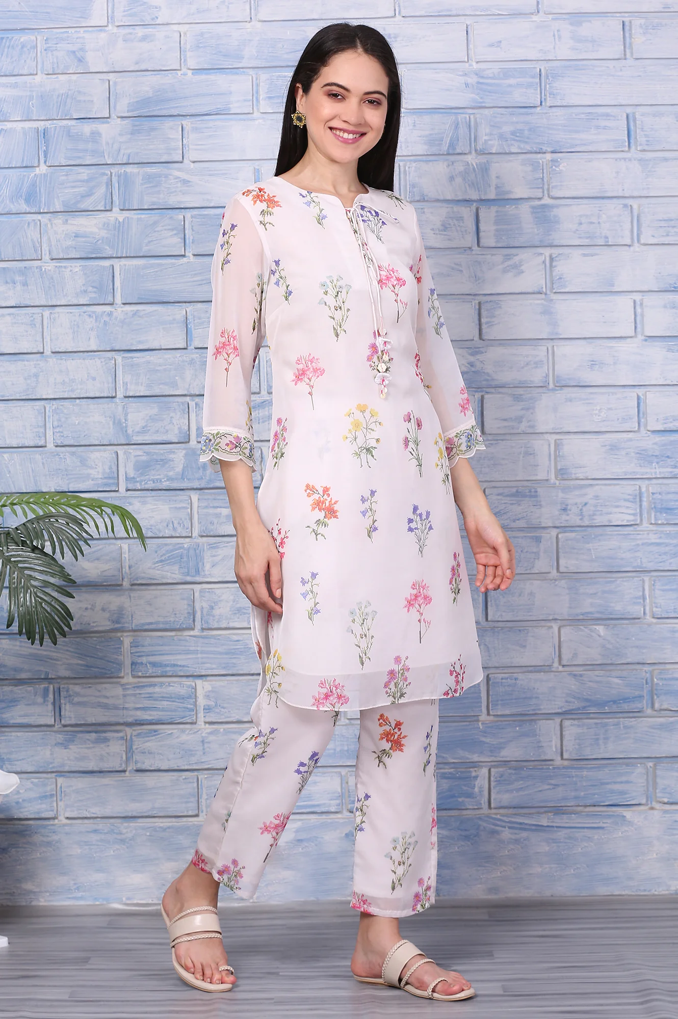 Cream Floral Printed Organza Straight Kurta and Pants Co-ord Set - Image 6