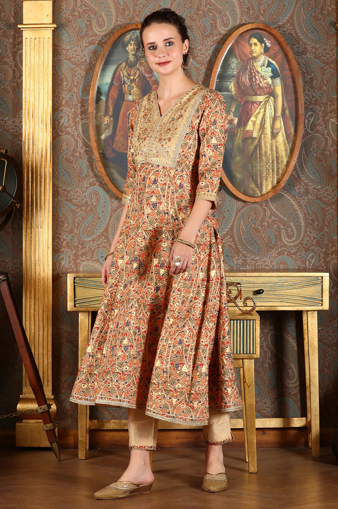 Cream Floral Printed Sequined Kota Flared Kurta, Pants And Dupatta Set - Image 4