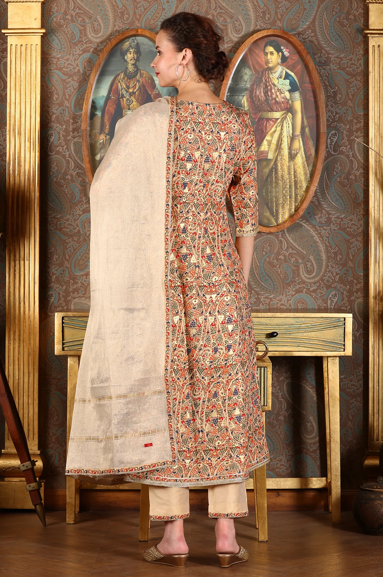 Cream Floral Printed Sequined Kota Flared Kurta, Pants And Dupatta Set - Image 5