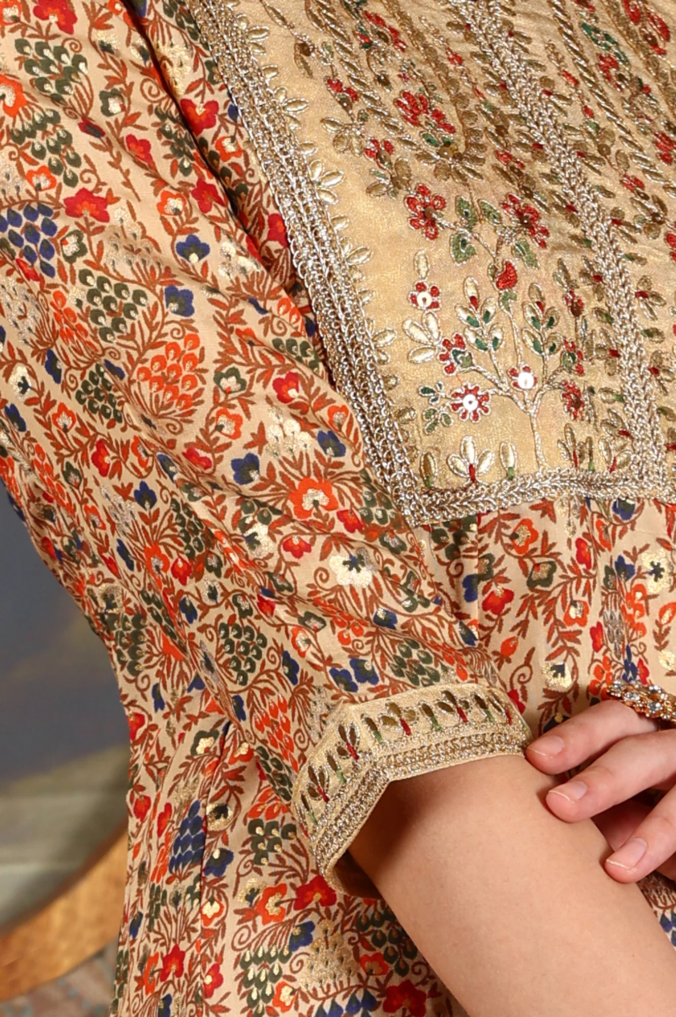 Cream Floral Printed Sequined Kota Flared Kurta, Pants And Dupatta Set - Image 7