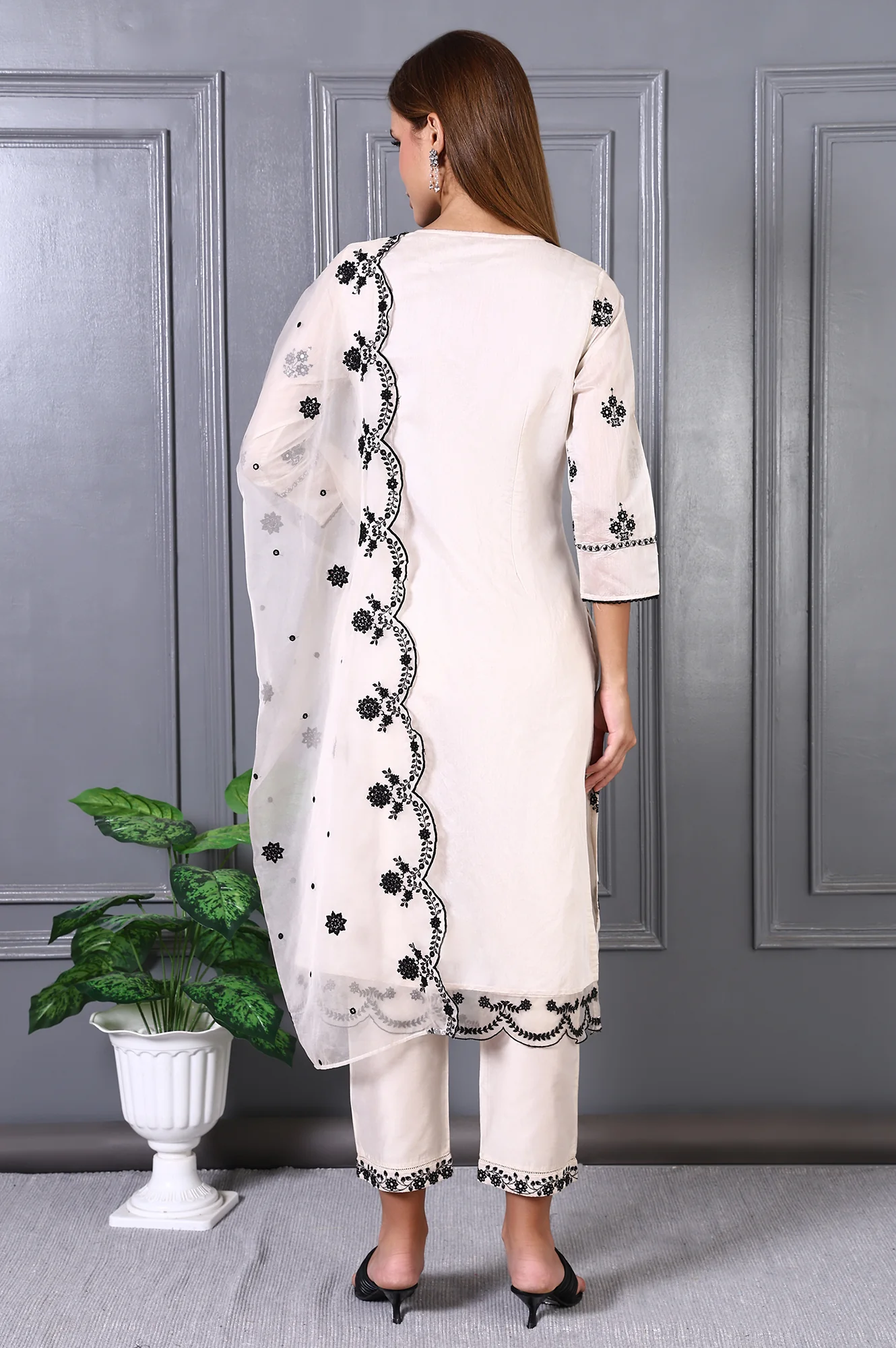 Cream Mirror Embroidered Chanderi Straight Kurta, Pants and Dupatta Set - Image 5