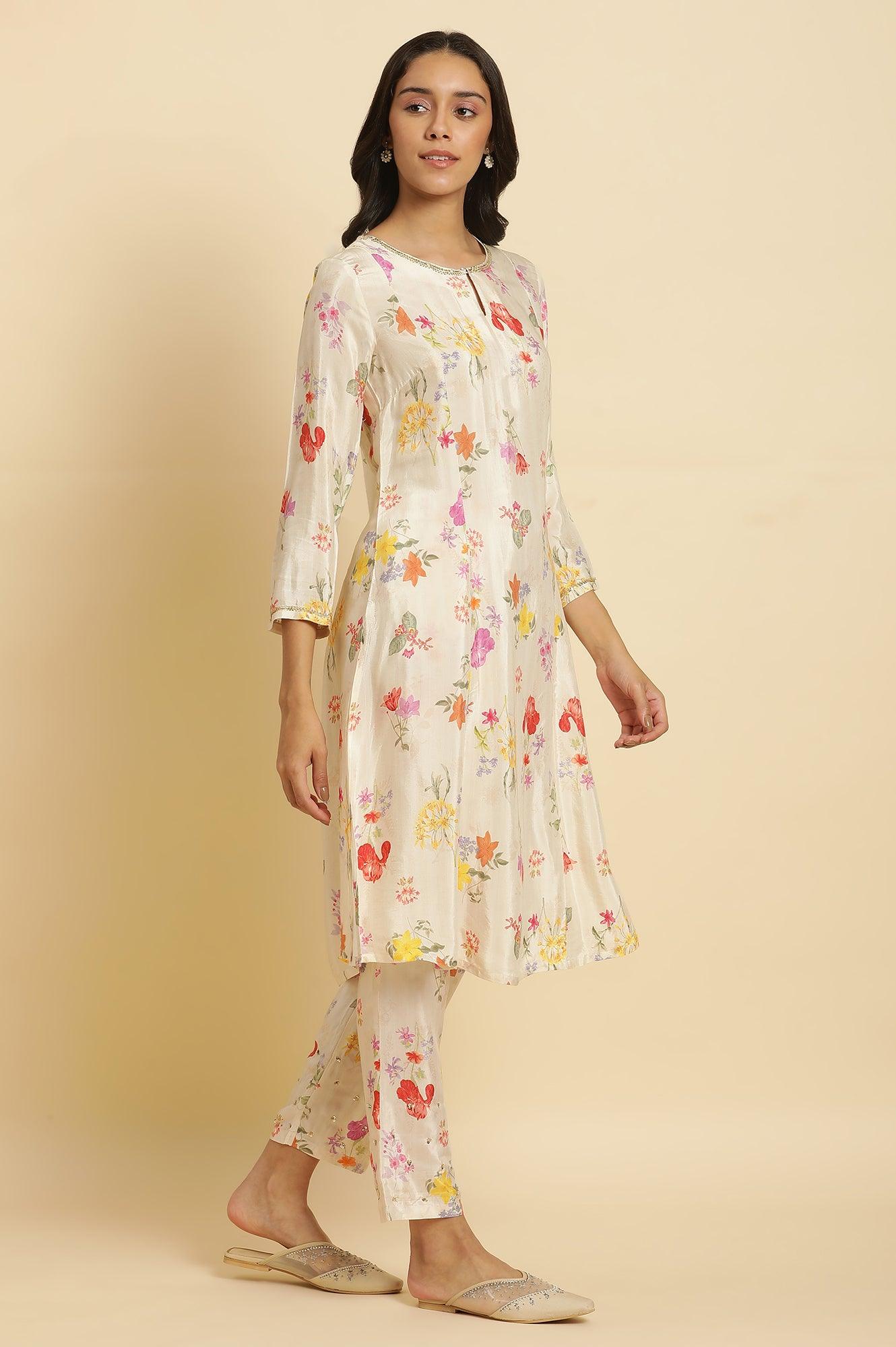 Cream Shantung A-Line Kurta In Multi-Coloured Floral Print - Image 5