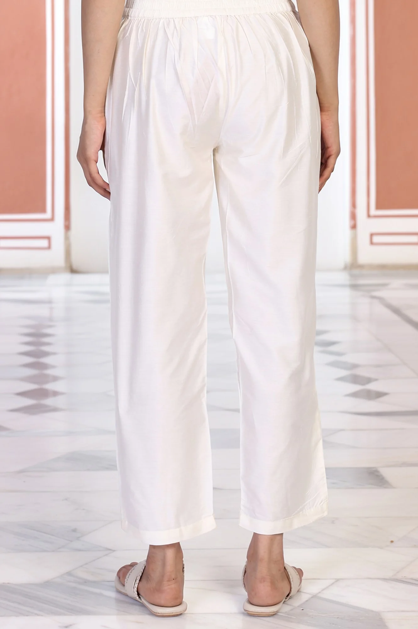 Cream Solid Straight Rayon Pant - Image 4