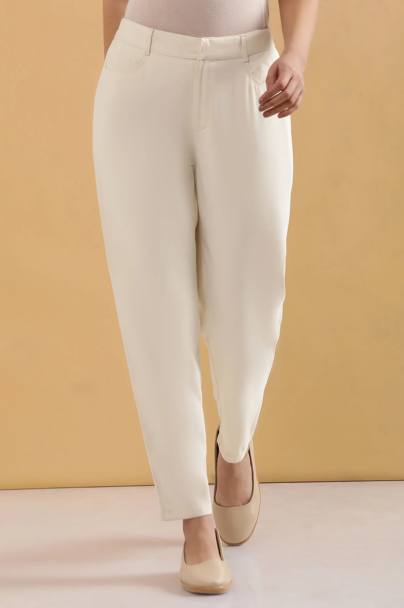 Cream Solid Tapered Rayon Trouser - Image 2