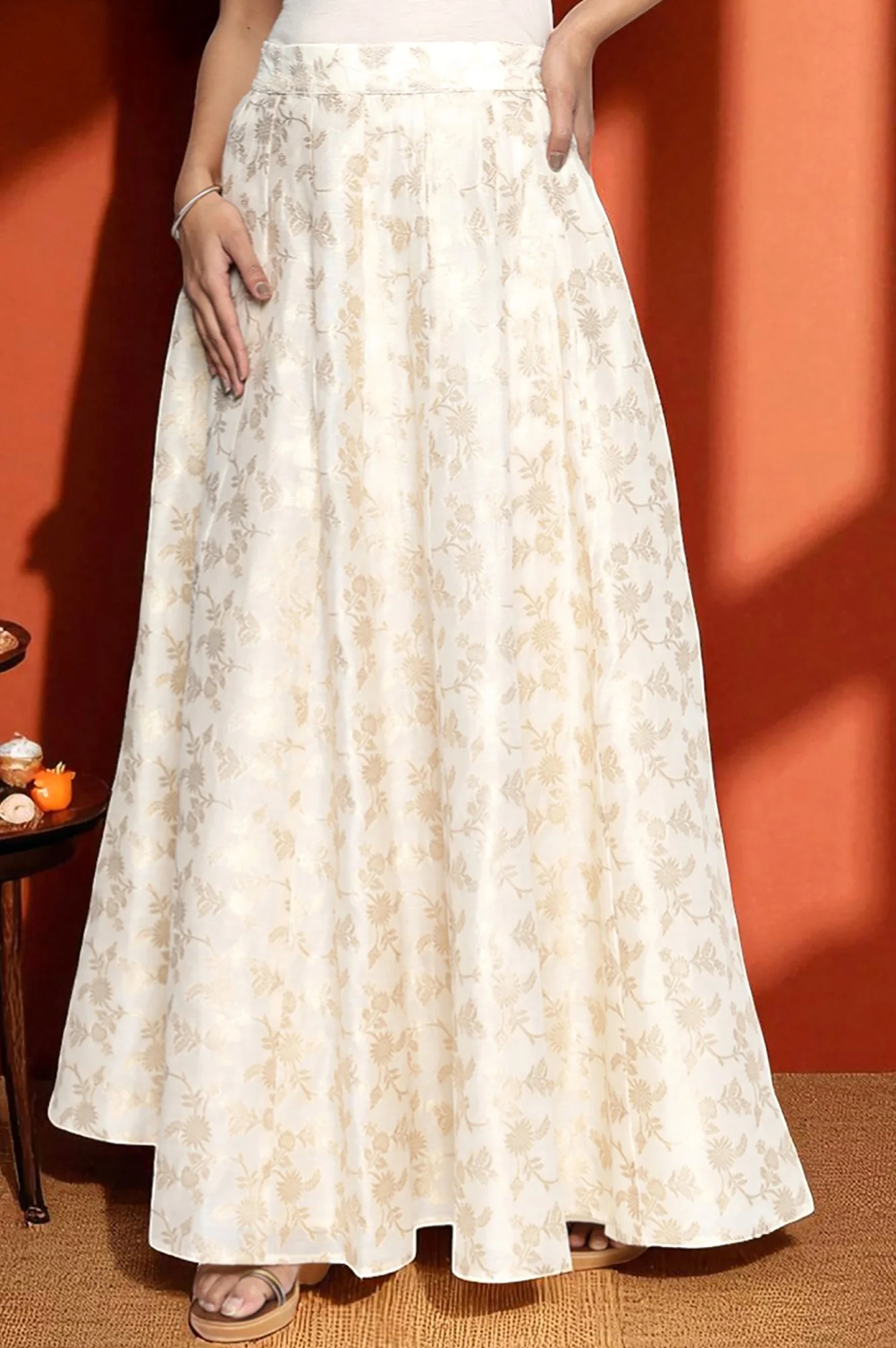 Cream Yarn Dyed Printed Jacquard BD Skirt - Image 2
