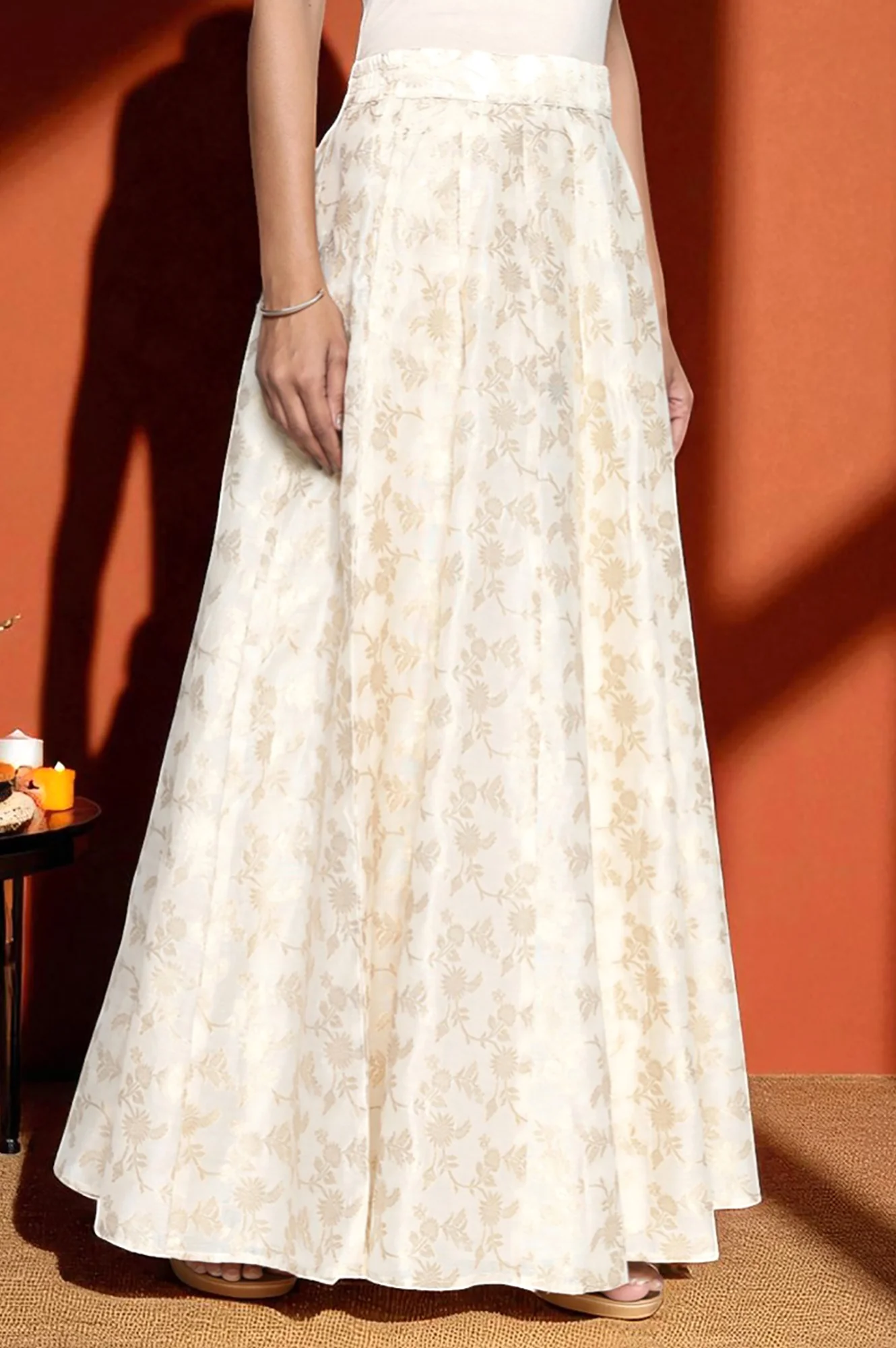 Cream Yarn Dyed Printed Jacquard BD Skirt - Image 6