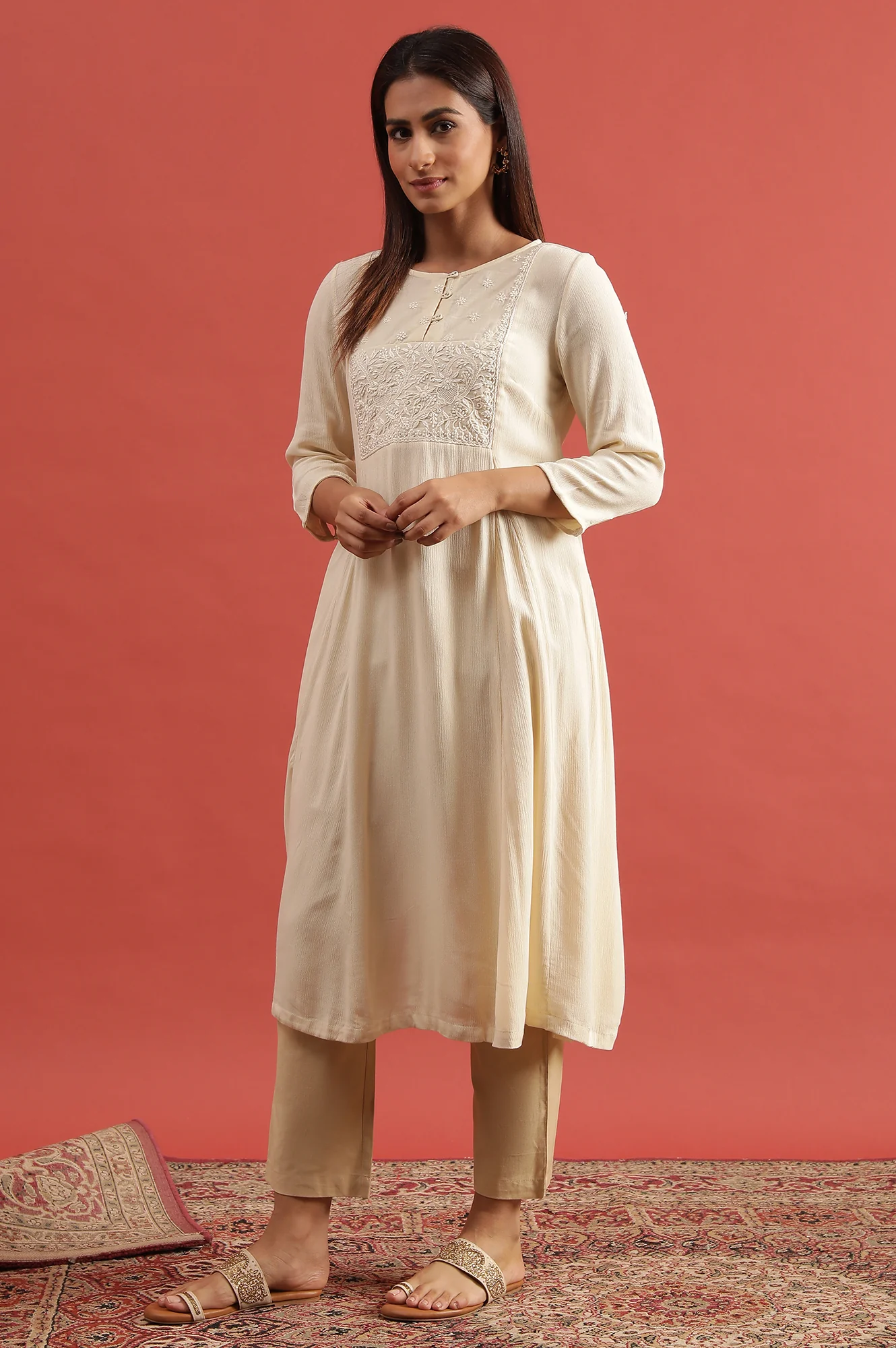 Creme Flared Chikankari Kurta In Rayon Crepe - Image 2