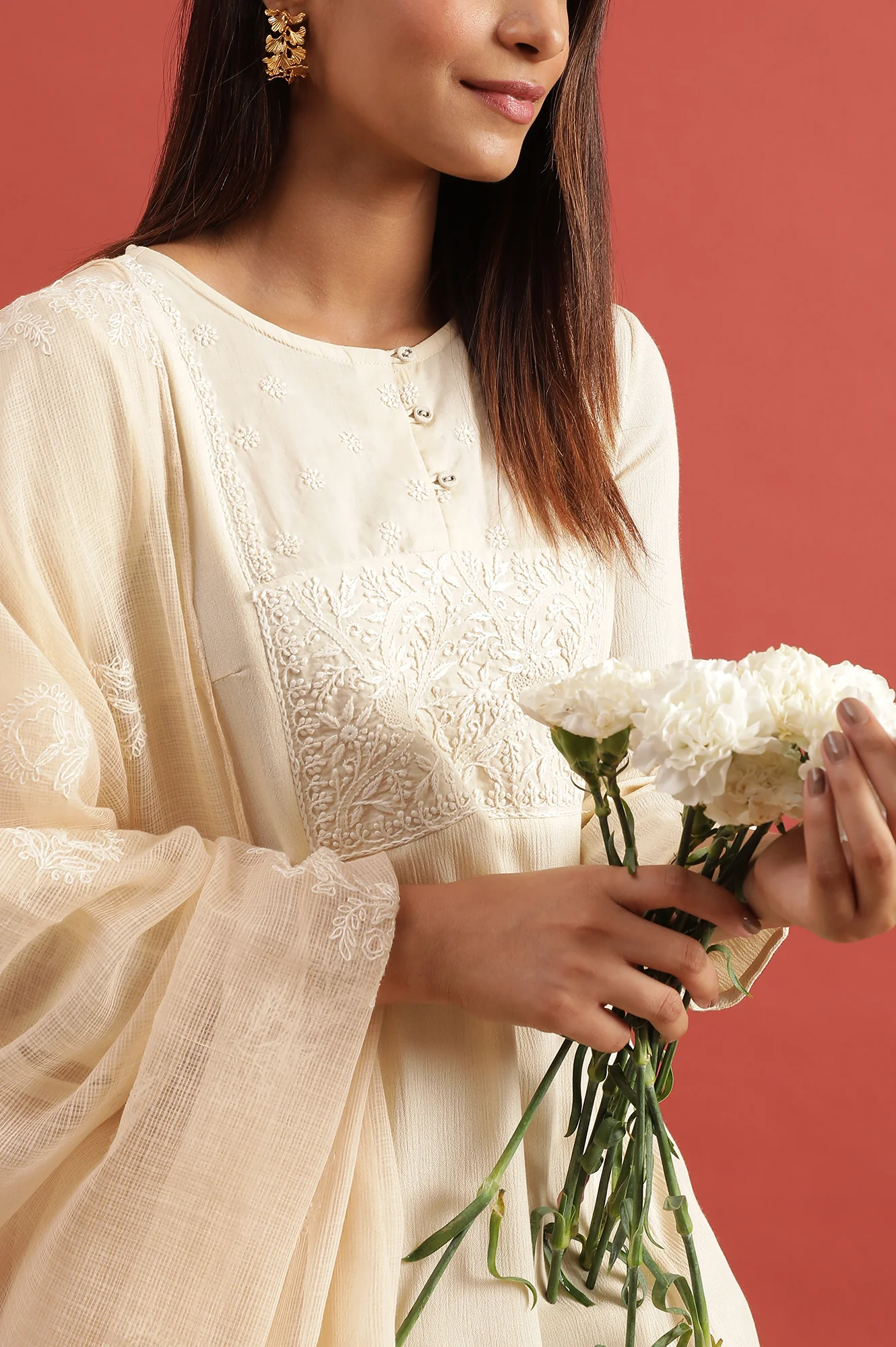 Creme Flared Chikankari Kurta In Rayon Crepe - Image 6