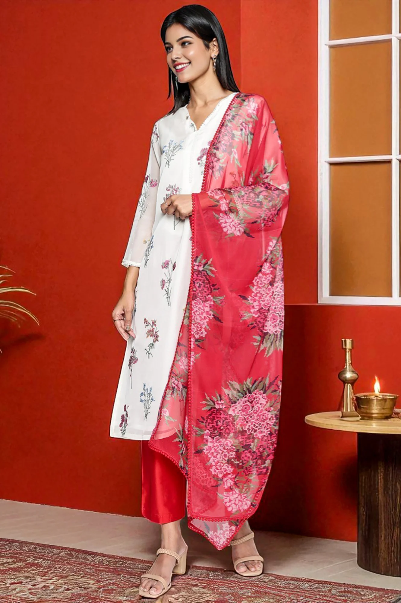 Crimson Red Printed Chiffon Dupatta - Image 4