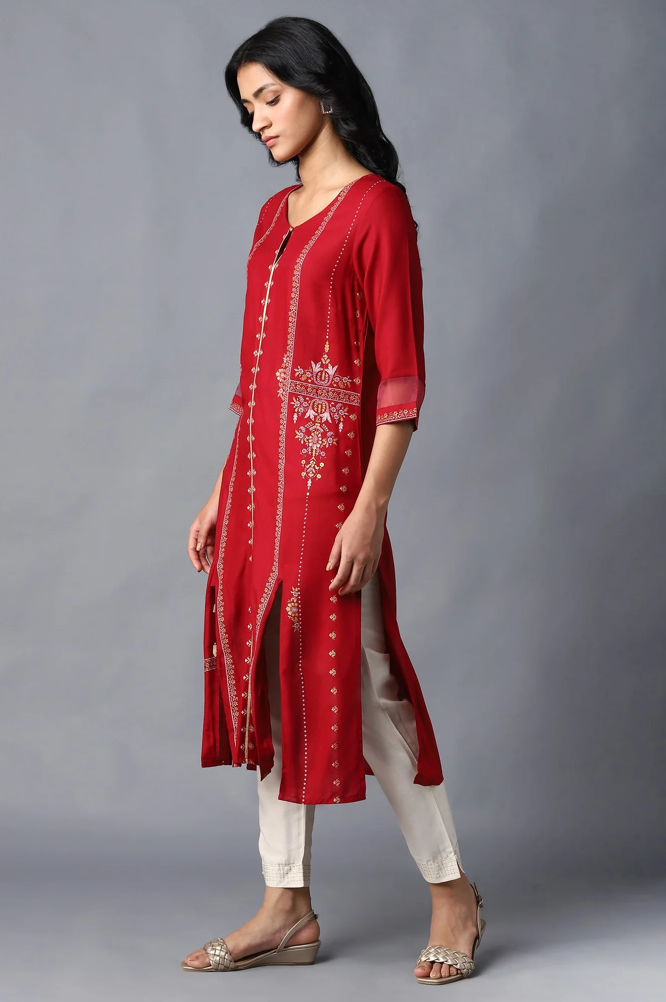 Crimson Red Cotton Straight Printed Kurta - Image 3