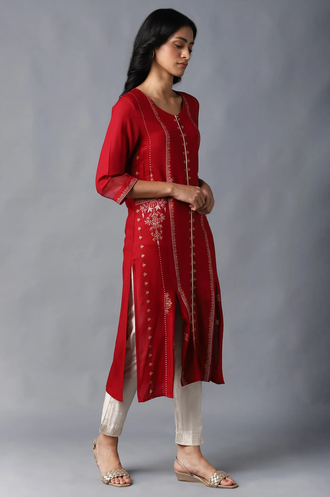 Crimson Red Cotton Straight Printed Kurta - Image 4