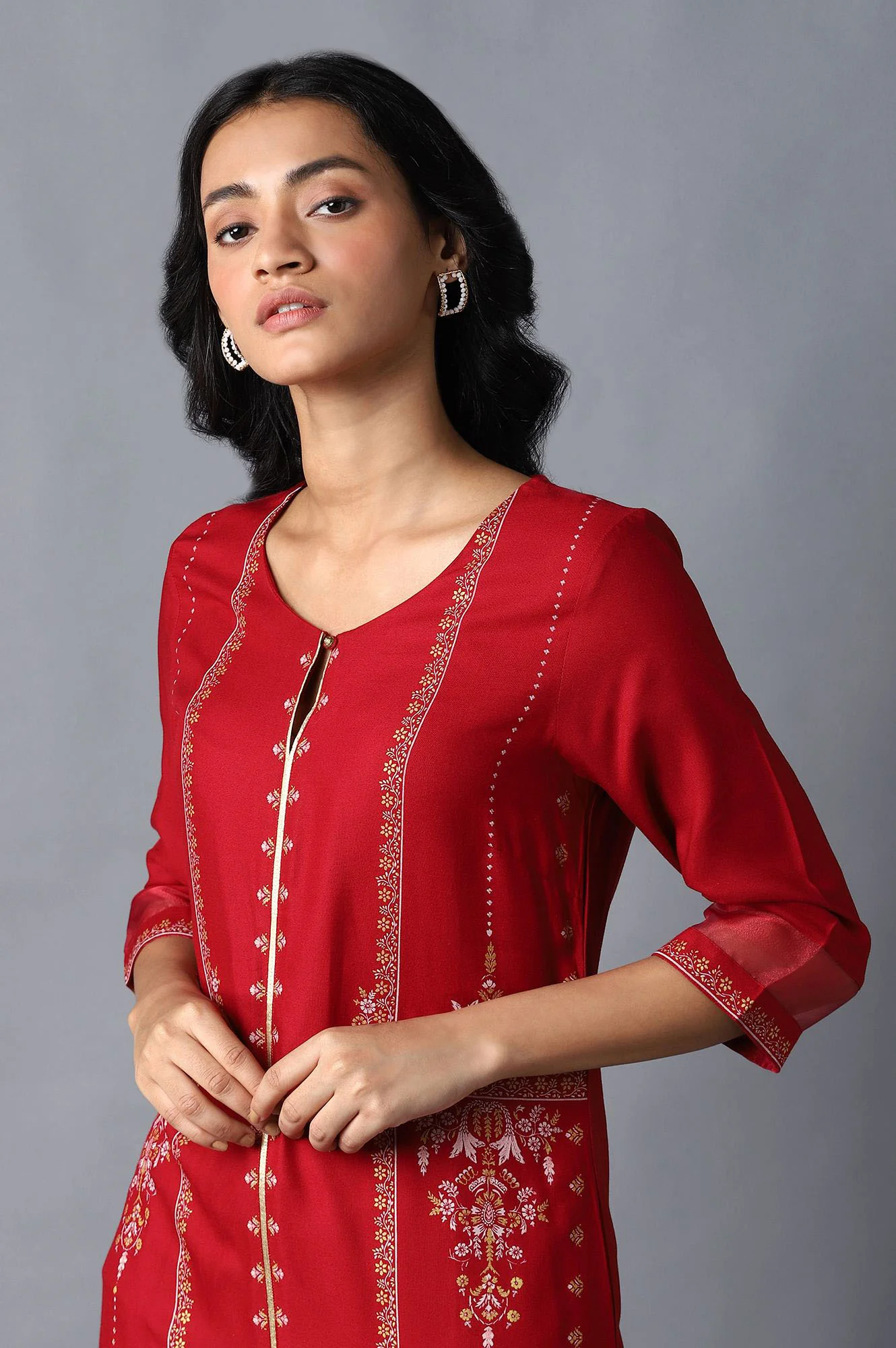 Crimson Red Cotton Straight Printed Kurta - Image 5
