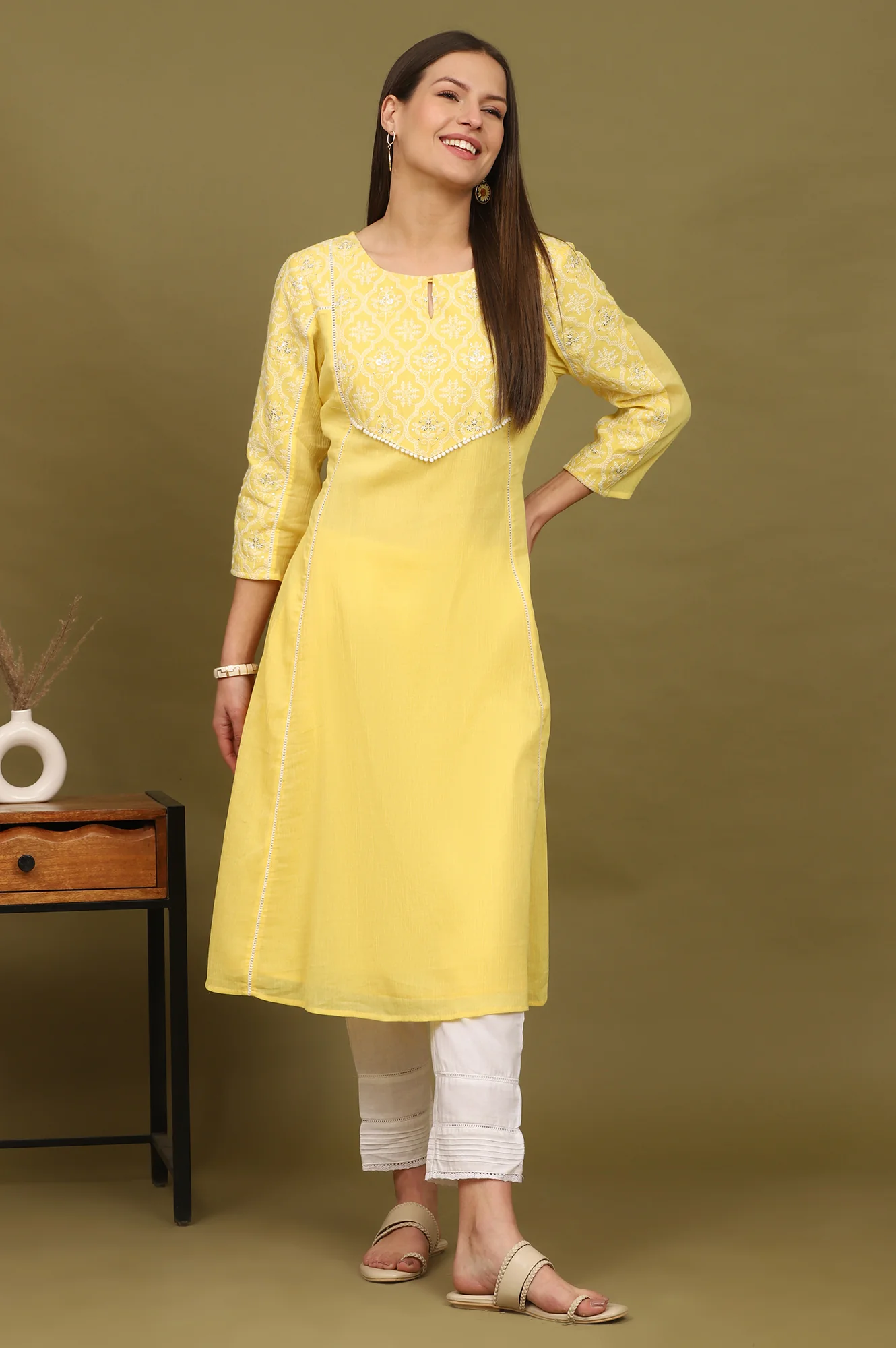 Daffodil Yellow Embroidered Yoke Crinkle Cotton Flared Kurta - Image 2